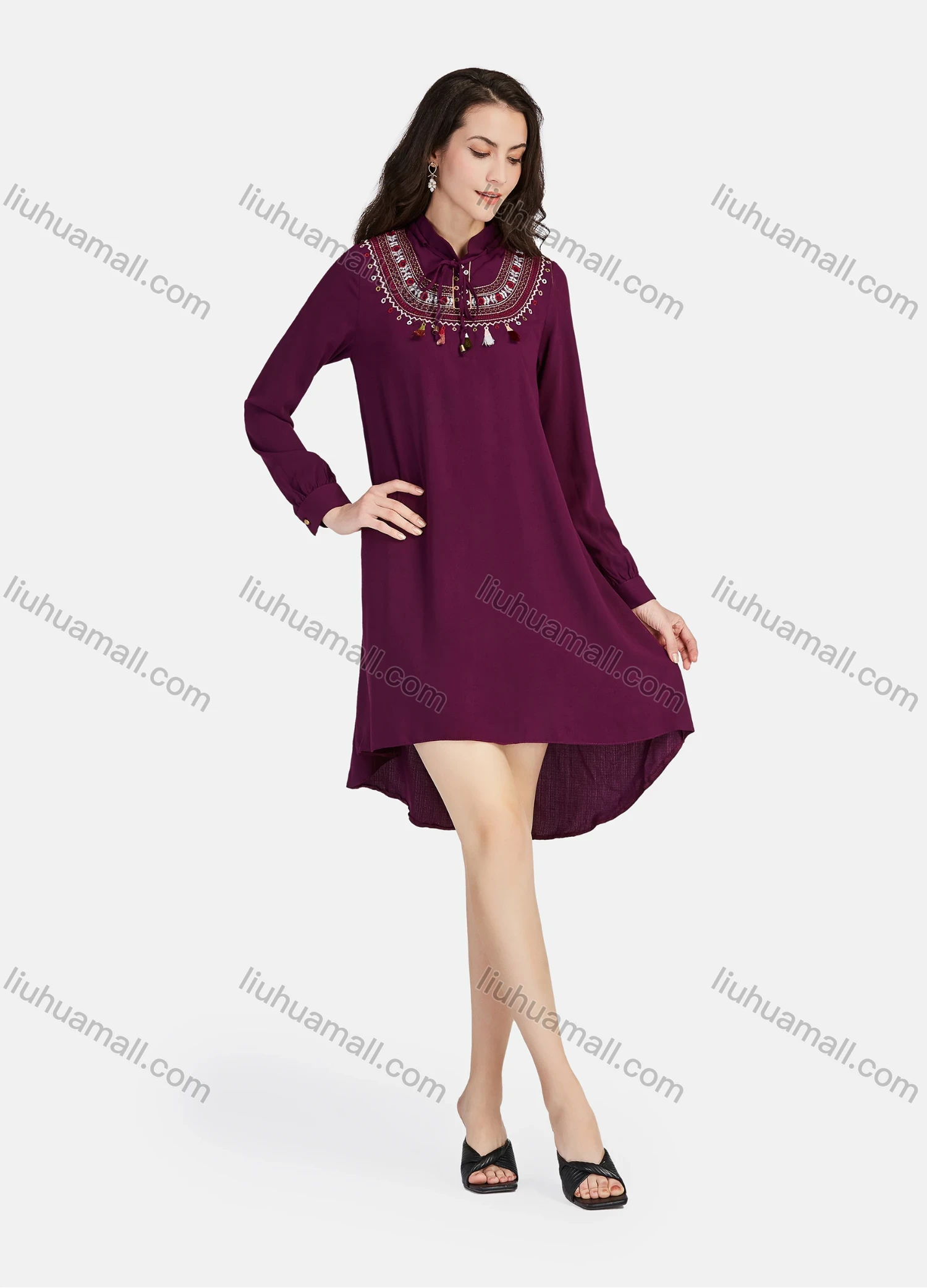 Wholesale Women's Casual Tie Neck Tassel Vintage Embroidery Long Sleeve High Low Hem Short Dress - Liuhuamall