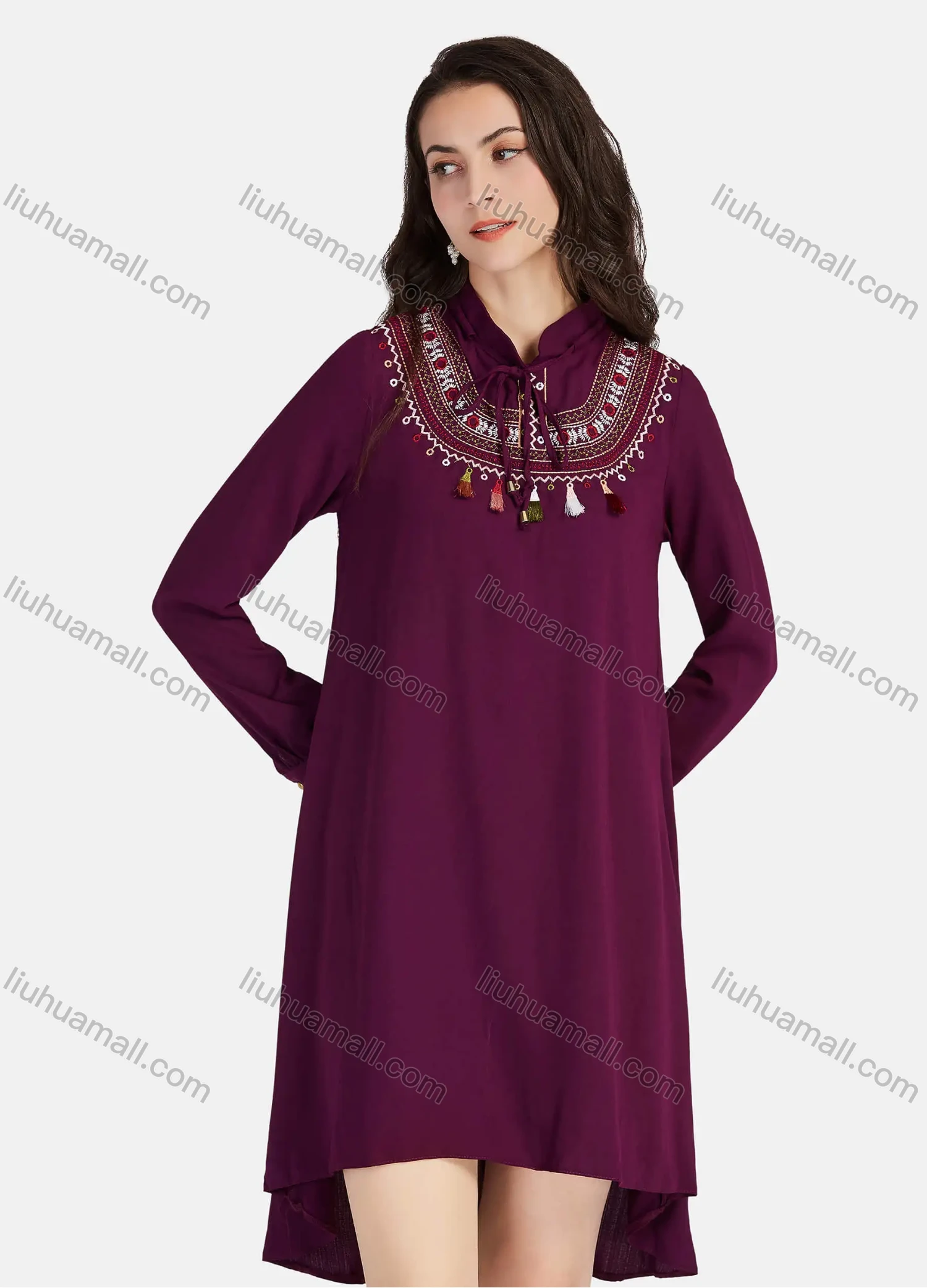 Wholesale Women's Casual Tie Neck Tassel Vintage Embroidery Long Sleeve High Low Hem Short Dress - Liuhuamall