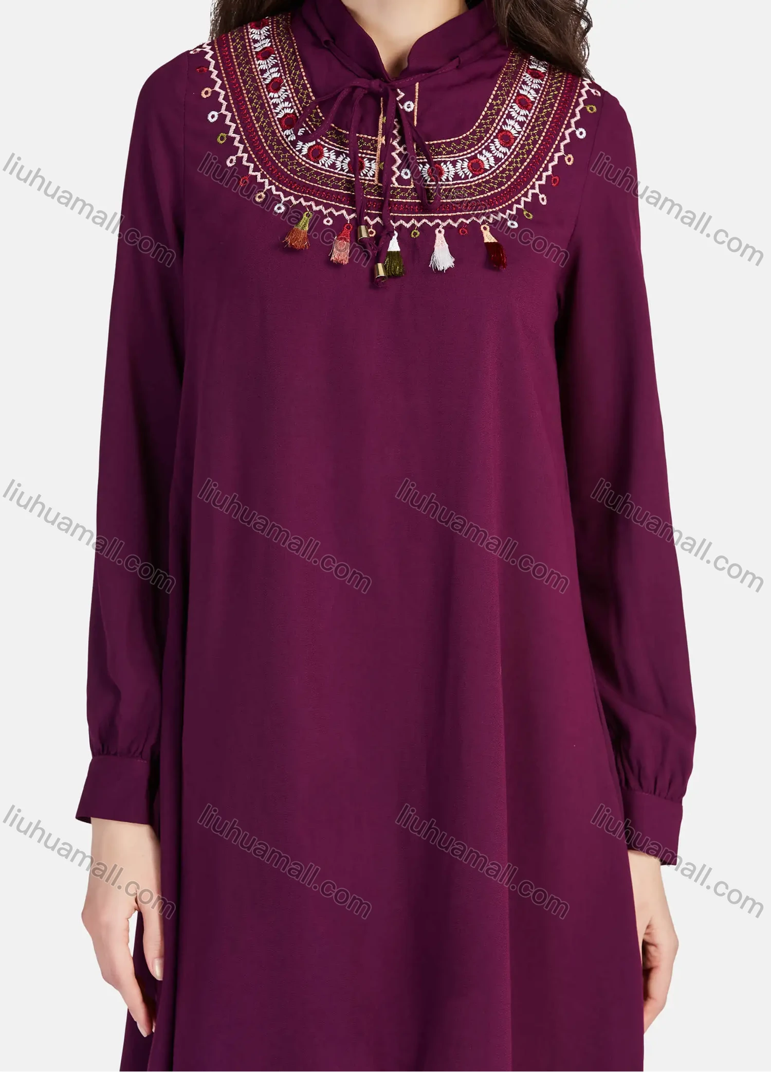 Wholesale Women's Casual Tie Neck Tassel Vintage Embroidery Long Sleeve High Low Hem Short Dress - Liuhuamall