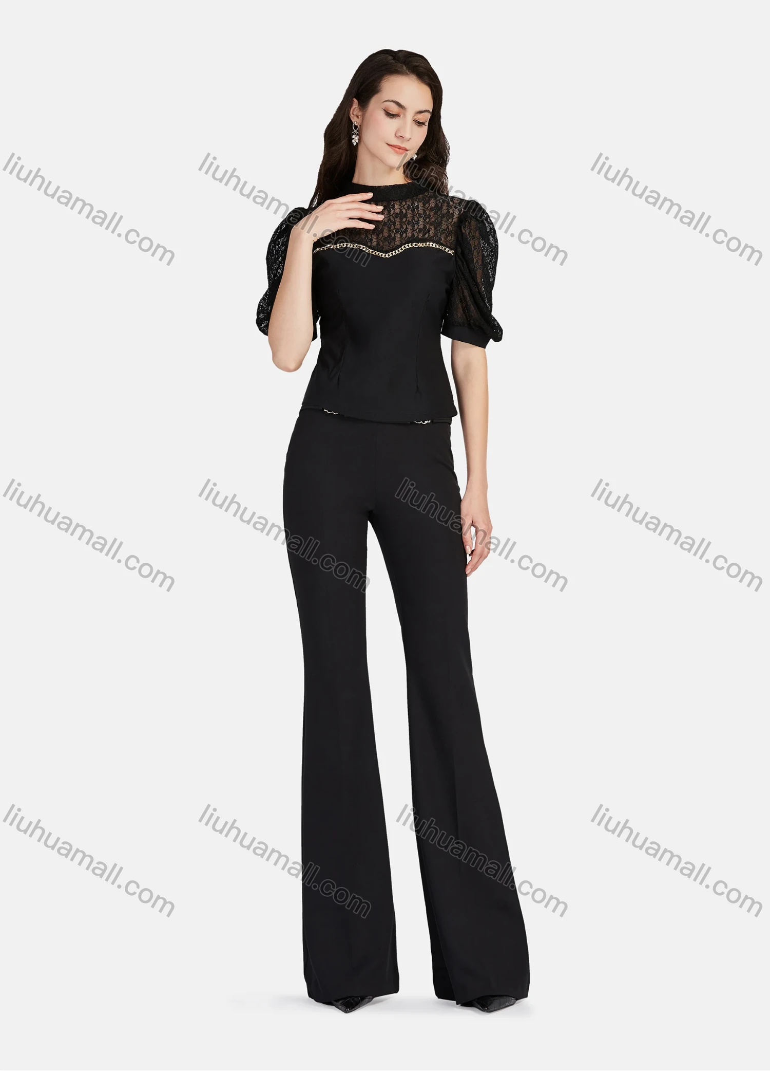 Wholesale Women's Casual Plain Mock Neck Guipure Lace Puff Sleeve Metal Chain Decor Blouse - Liuhuamall