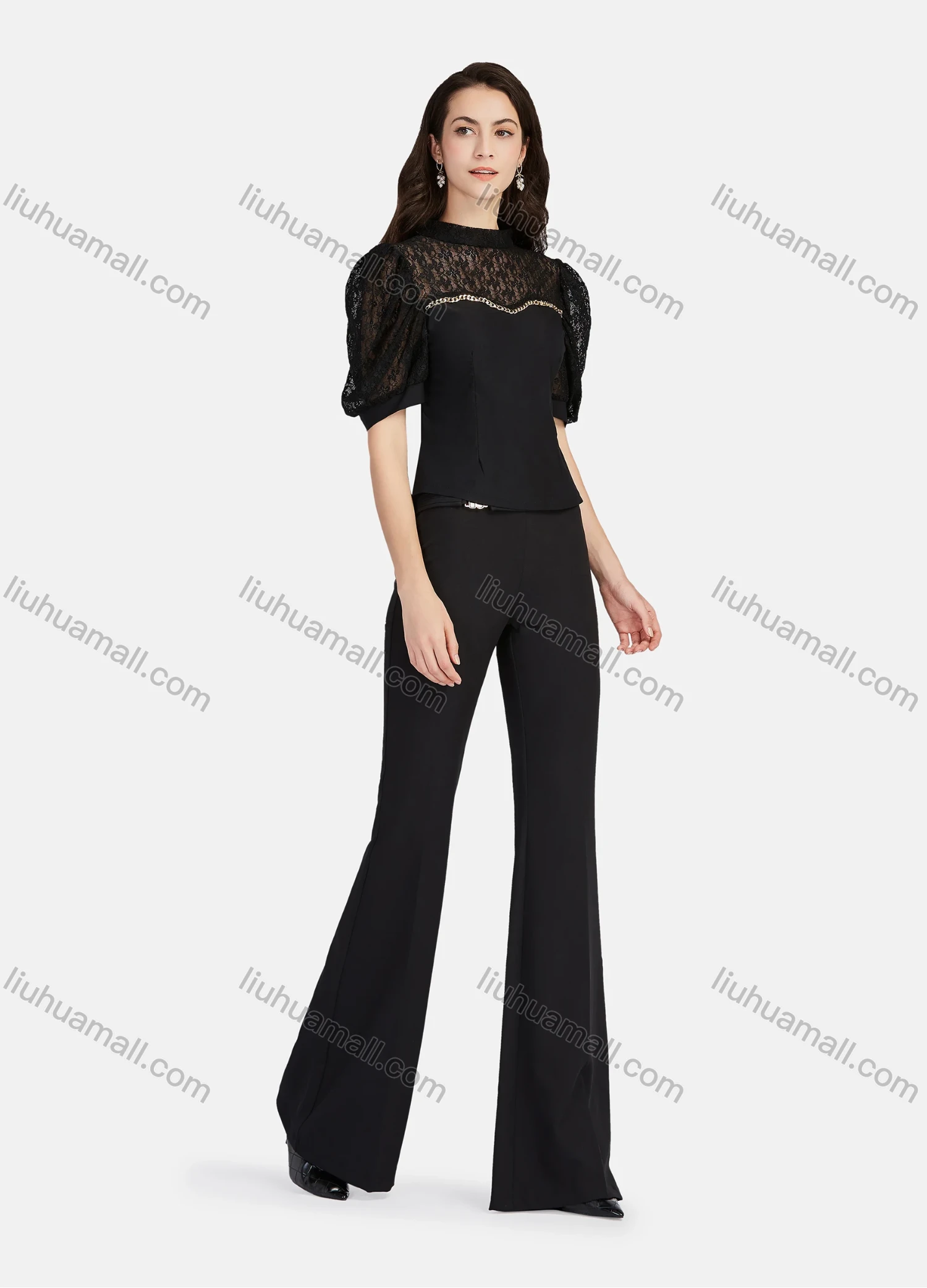 Wholesale Women's Casual Plain Mock Neck Guipure Lace Puff Sleeve Metal Chain Decor Blouse - Liuhuamall