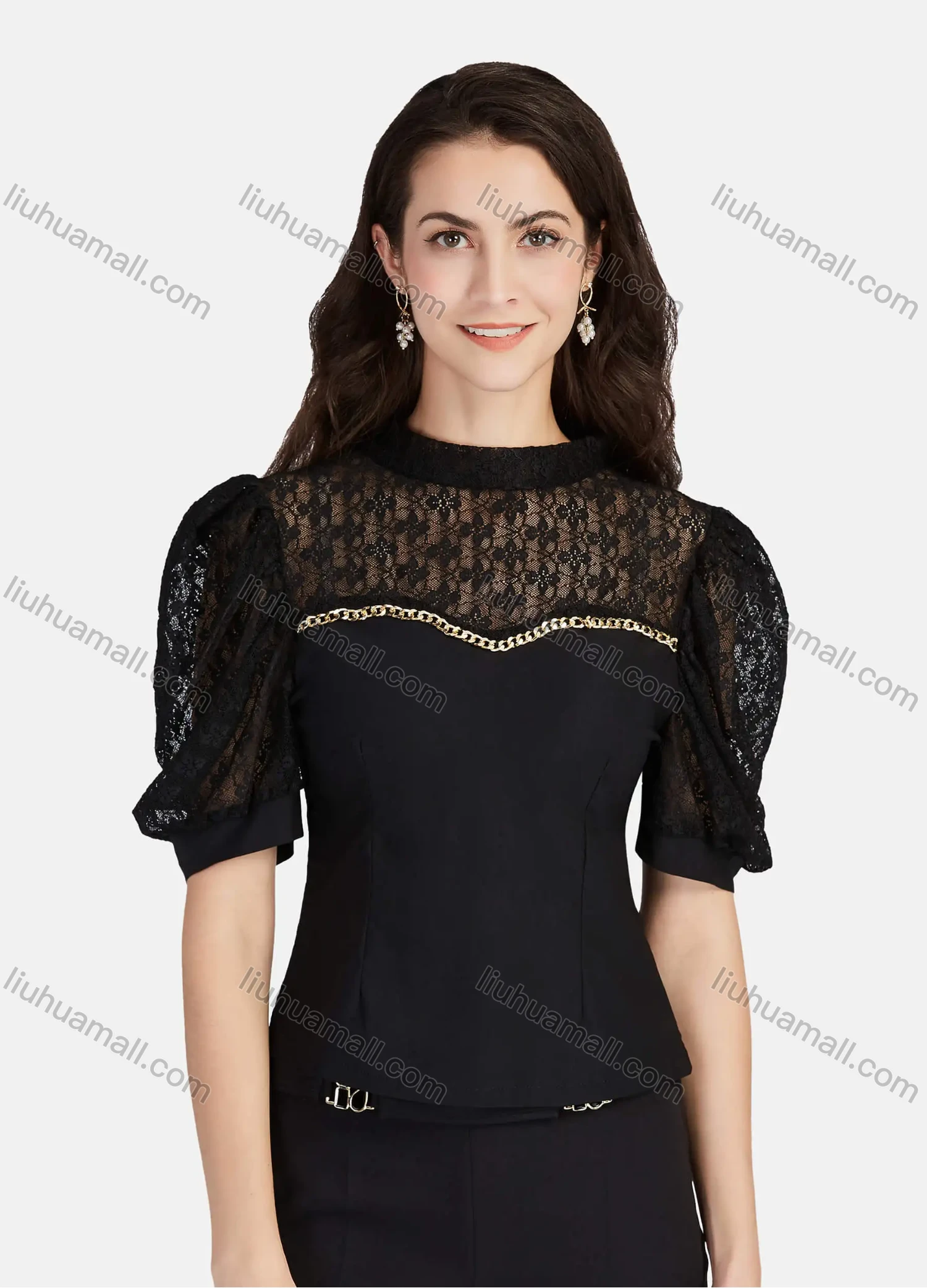 Wholesale Women's Casual Plain Mock Neck Guipure Lace Puff Sleeve Metal Chain Decor Blouse - Liuhuamall