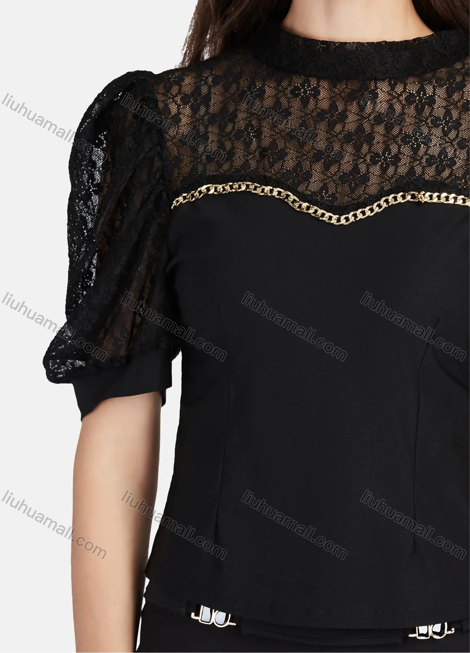 Wholesale Women's Casual Plain Mock Neck Guipure Lace Puff Sleeve Metal Chain Decor Blouse - Liuhuamall