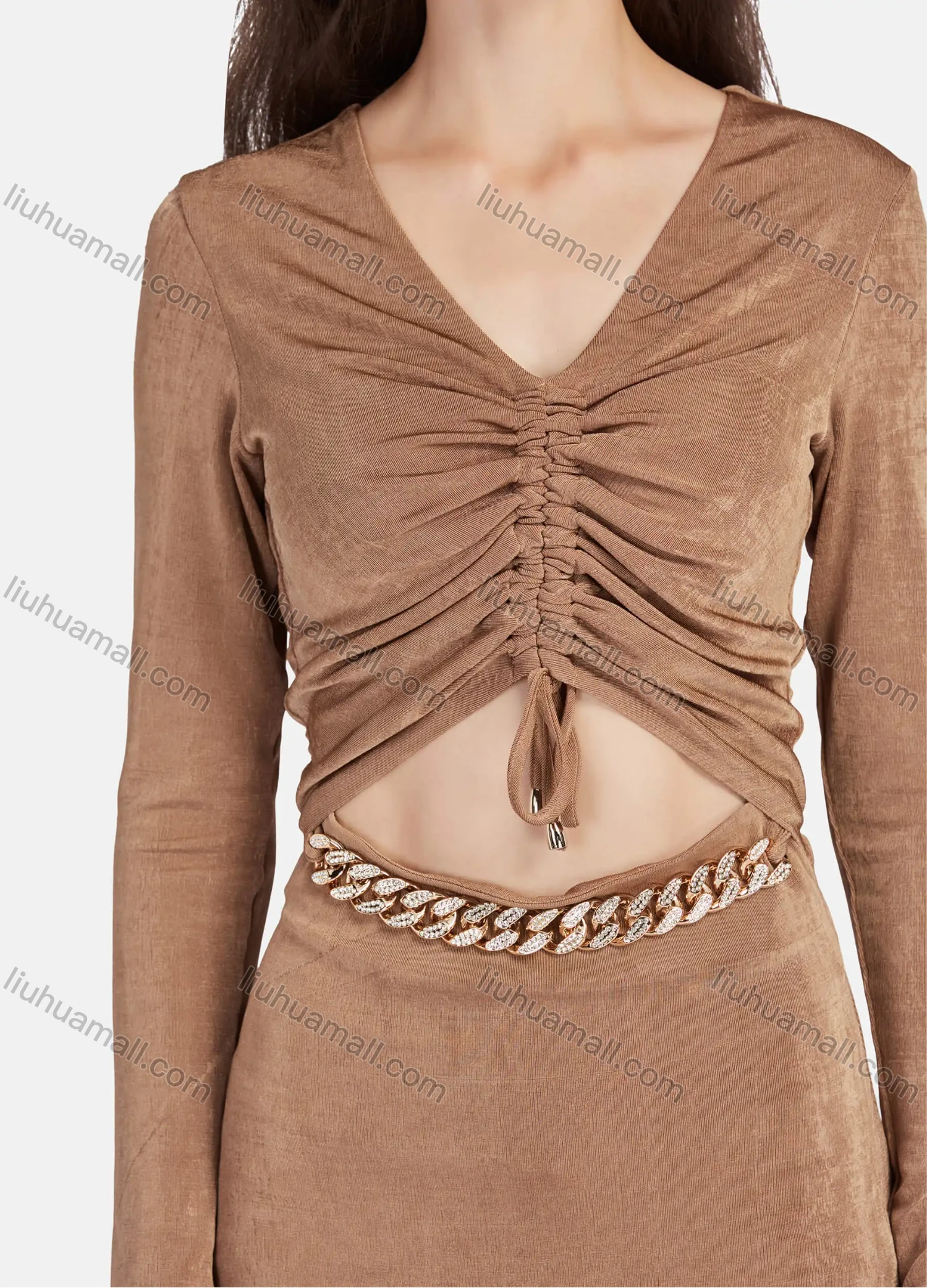 Wholesale Women's Casual Plain V Neck Long Sleeve Drawstring Cut Out Rhinestone Metal Chain Decor Bodycon Short Dress - Liuhuamall