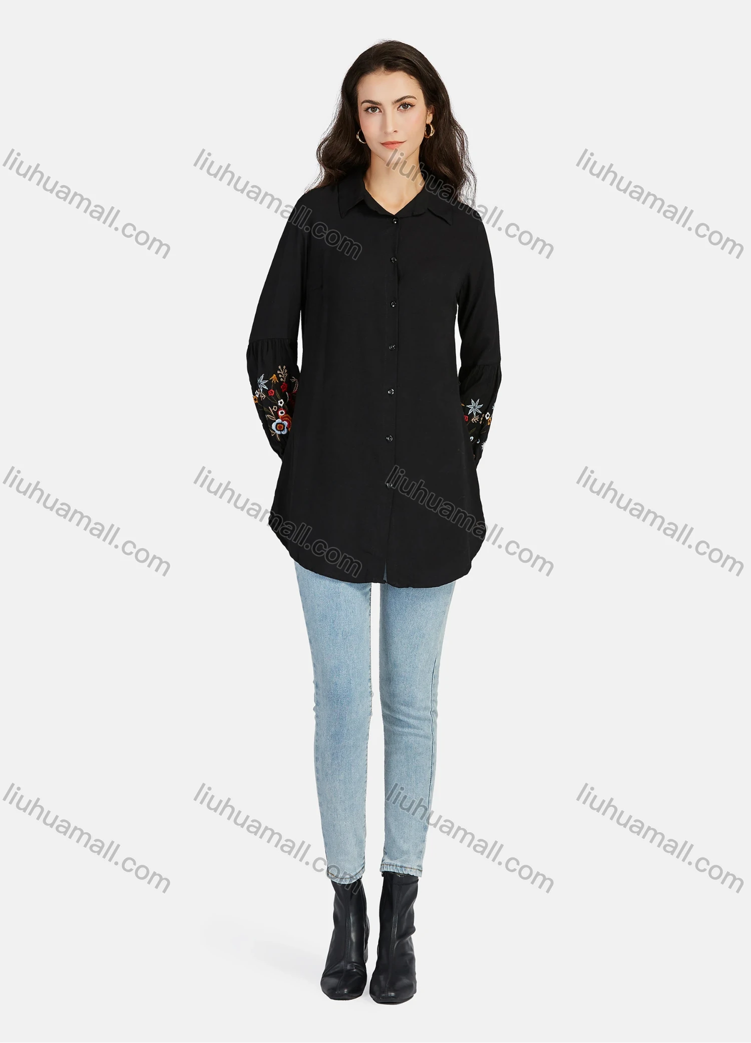Wholesale Women's Casual Plain Collared Embroidery Button Down Curved Hem Long Sleeve Shirts - Liuhuamall