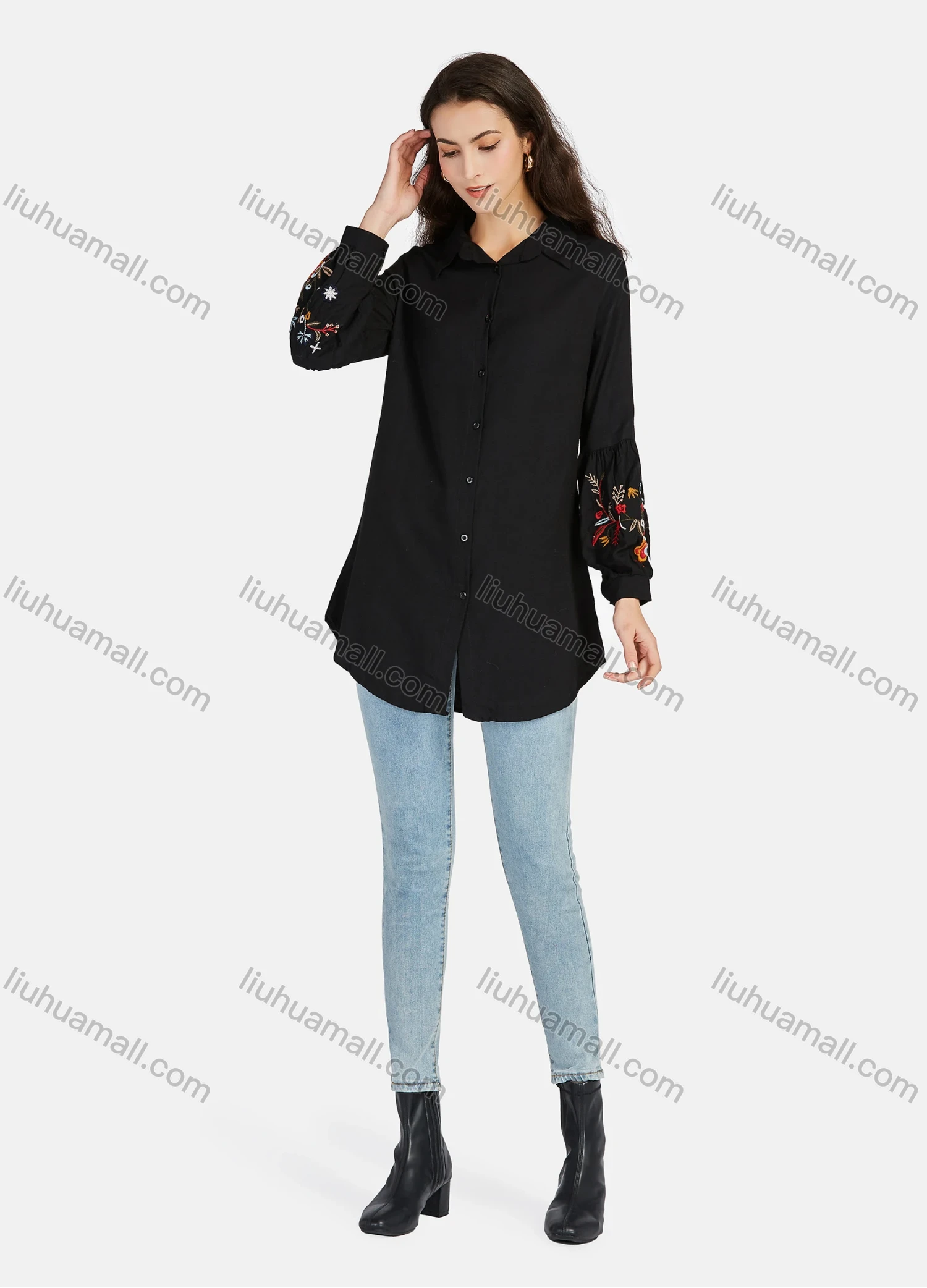 Wholesale Women's Casual Plain Collared Embroidery Button Down Curved Hem Long Sleeve Shirts - Liuhuamall