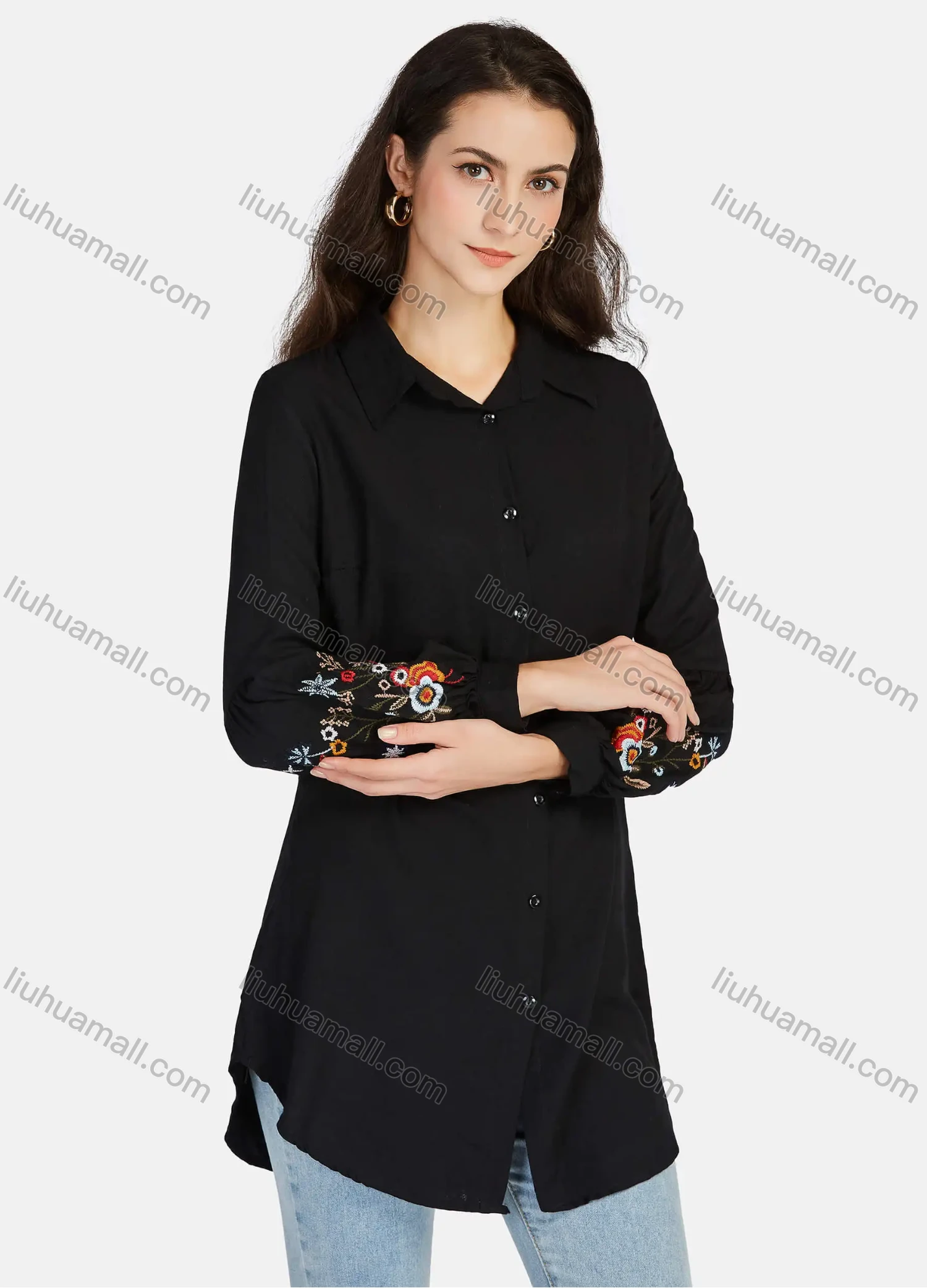 Wholesale Women's Casual Plain Collared Embroidery Button Down Curved Hem Long Sleeve Shirts - Liuhuamall