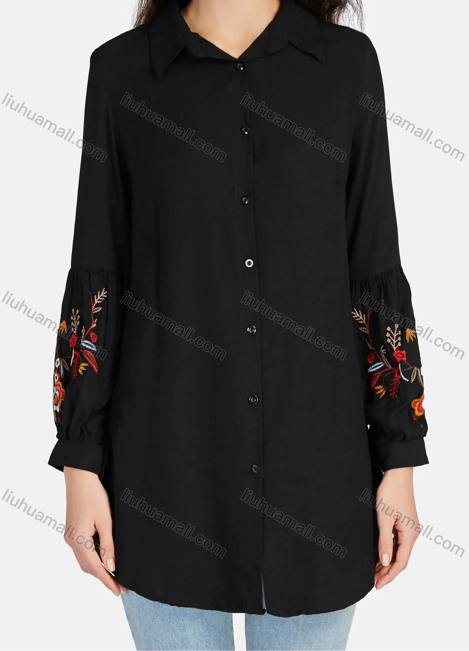 Wholesale Women's Casual Plain Collared Embroidery Button Down Curved Hem Long Sleeve Shirts - Liuhuamall