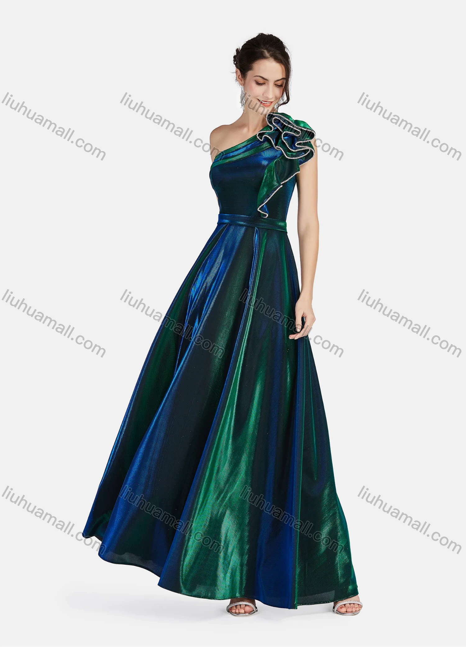 Wholesale Women's Gradient Slanted Shoulder Rhinestone Ruffle Trim Zip Back Ruffle Hem Maxi Evening Dress 002# - Liuhuamall