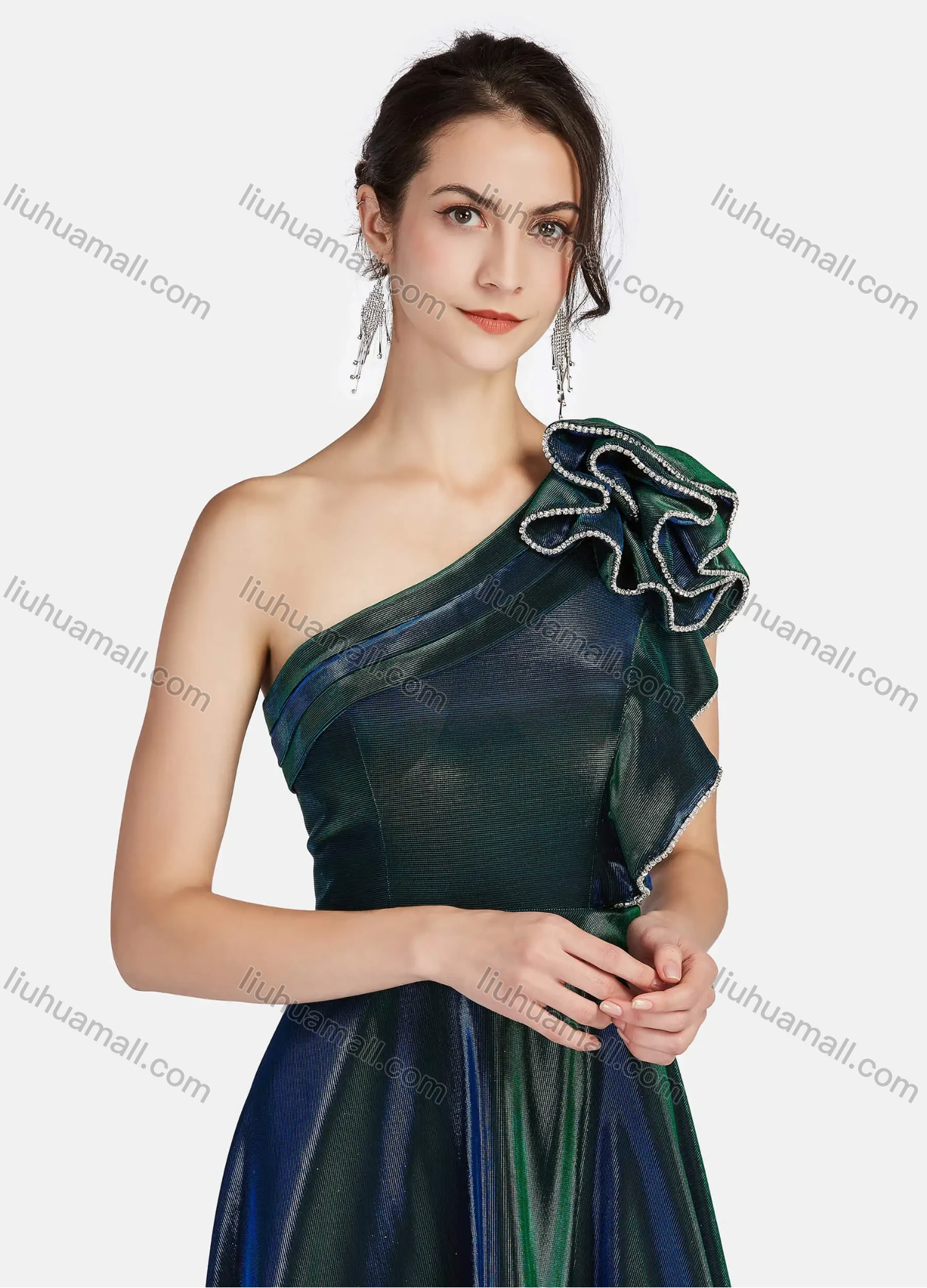 Wholesale Women's Gradient Slanted Shoulder Rhinestone Ruffle Trim Zip Back Ruffle Hem Maxi Evening Dress 002# - Liuhuamall