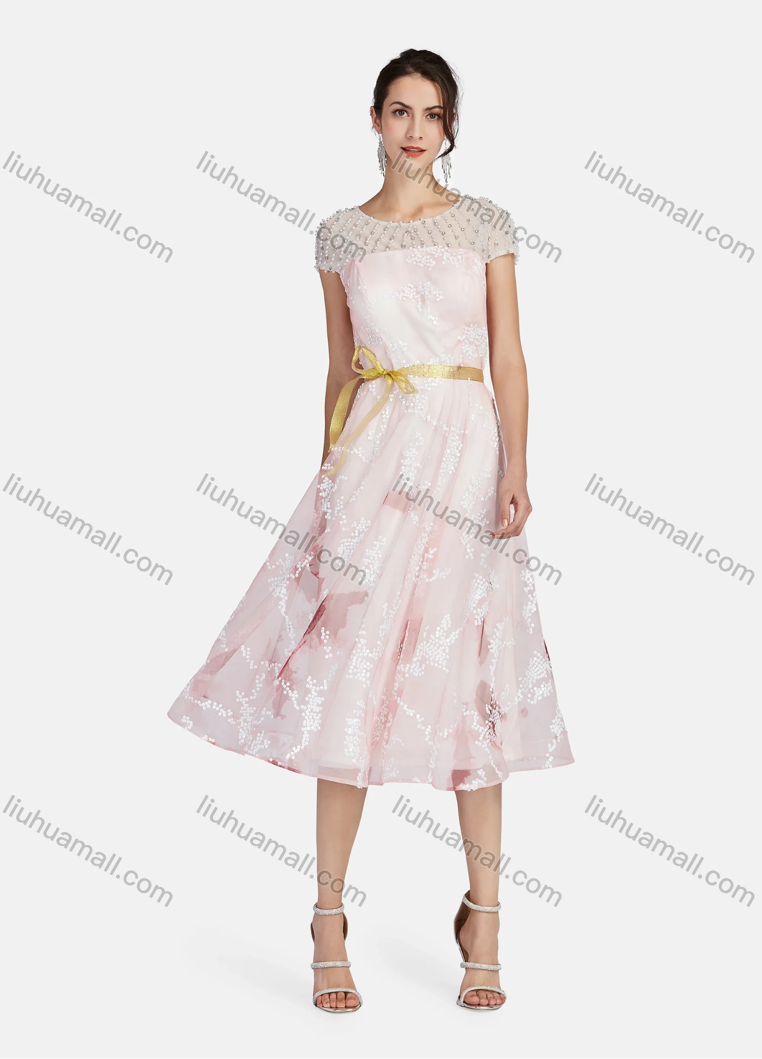 Wholesale Women's Mesh Round Neck Short Sleeve Pearl Sequin Appliques Decor Ruffle Hem Midi Cocktail Dress With Belt 003# - Liuhuamall
