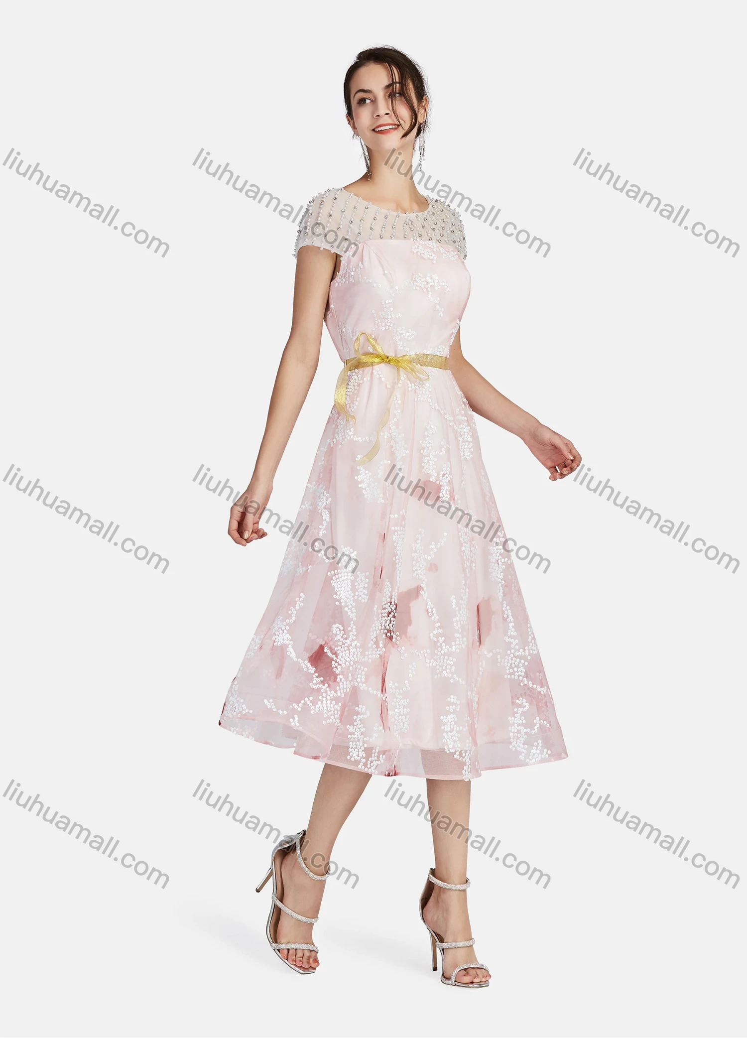 Wholesale Women's Mesh Round Neck Short Sleeve Pearl Sequin Appliques Decor Ruffle Hem Midi Cocktail Dress With Belt 003# - Liuhuamall