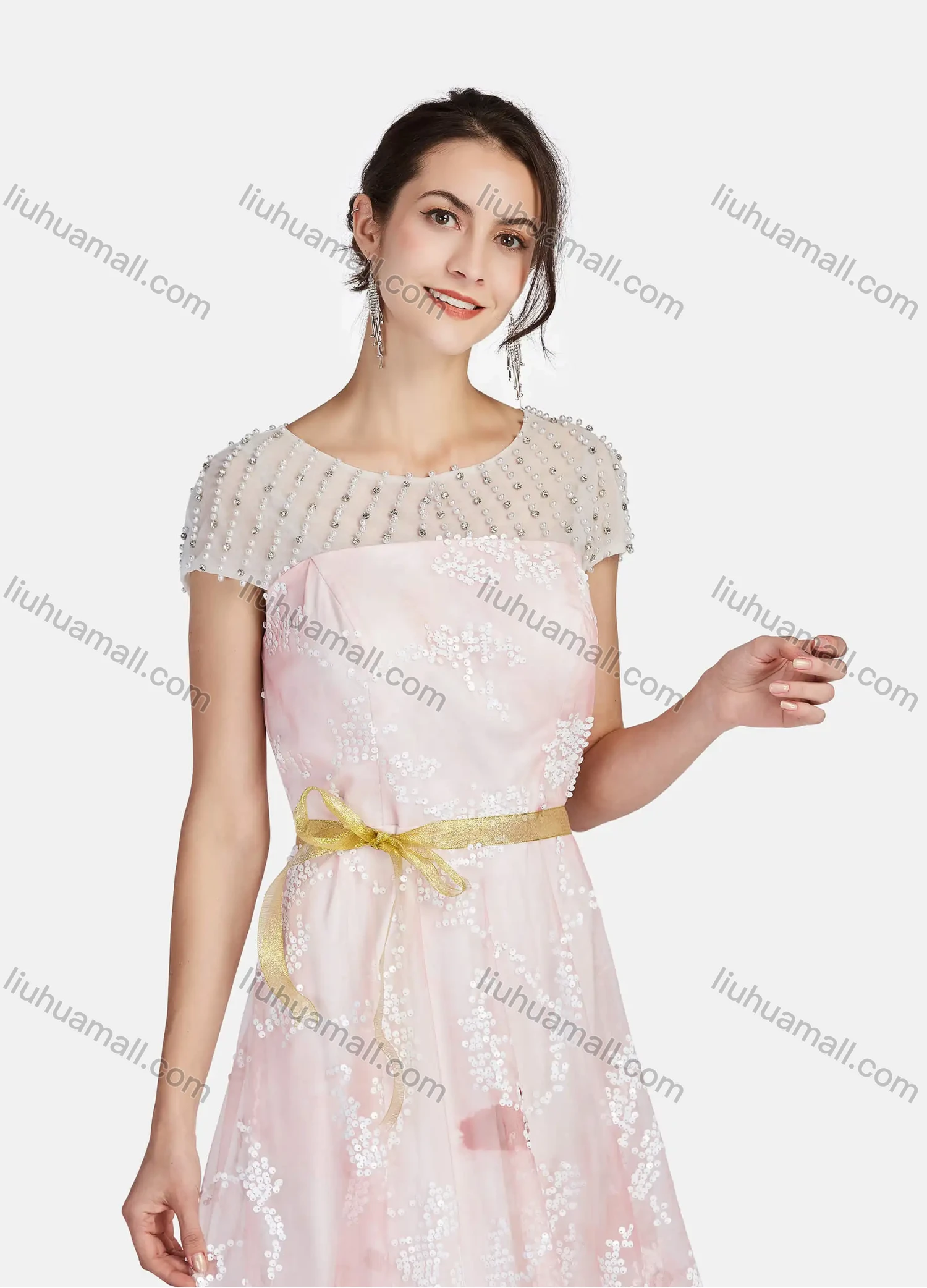 Wholesale Women's Mesh Round Neck Short Sleeve Pearl Sequin Appliques Decor Ruffle Hem Midi Cocktail Dress With Belt 003# - Liuhuamall