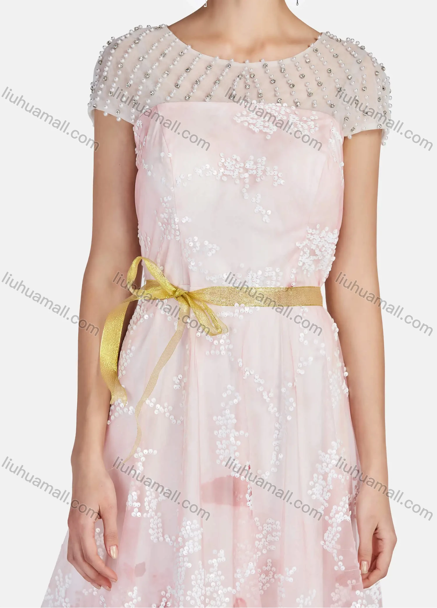 Wholesale Women's Mesh Round Neck Short Sleeve Pearl Sequin Appliques Decor Ruffle Hem Midi Cocktail Dress With Belt 003# - Liuhuamall