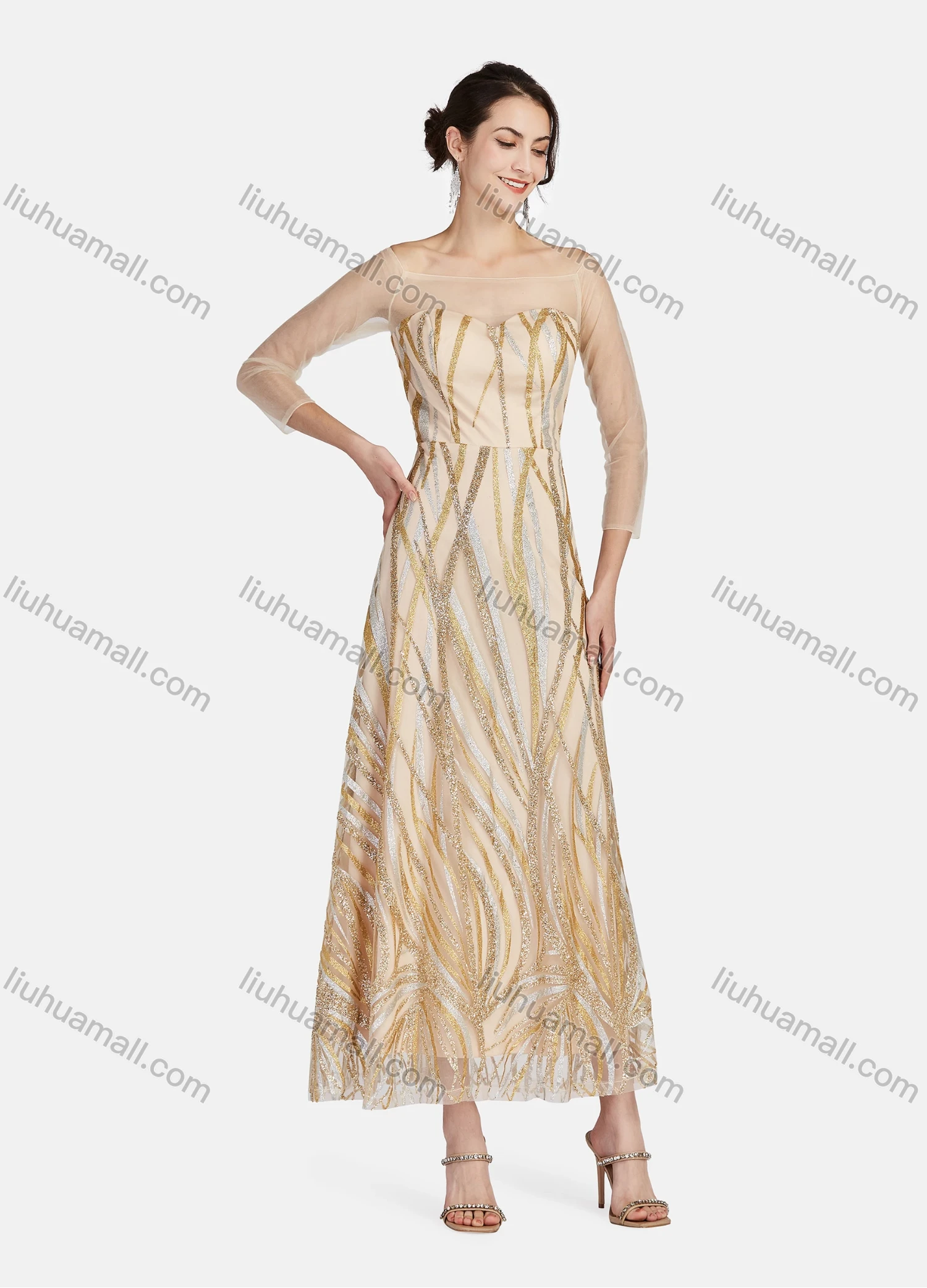 Wholesale Women's Mesh Off Shoulder 3/4 Sleeve Sparkling Ruffle Hem Maxi Cocktail Dress 004# - Liuhuamall