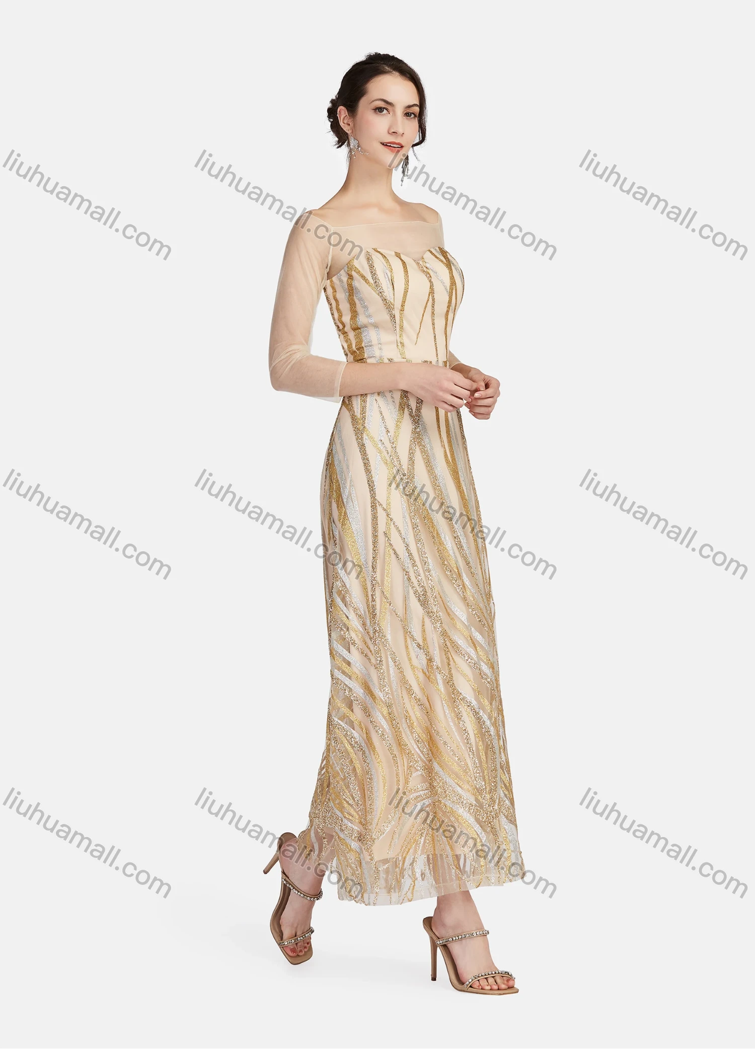 Wholesale Women's Mesh Off Shoulder 3/4 Sleeve Sparkling Ruffle Hem Maxi Cocktail Dress 004# - Liuhuamall