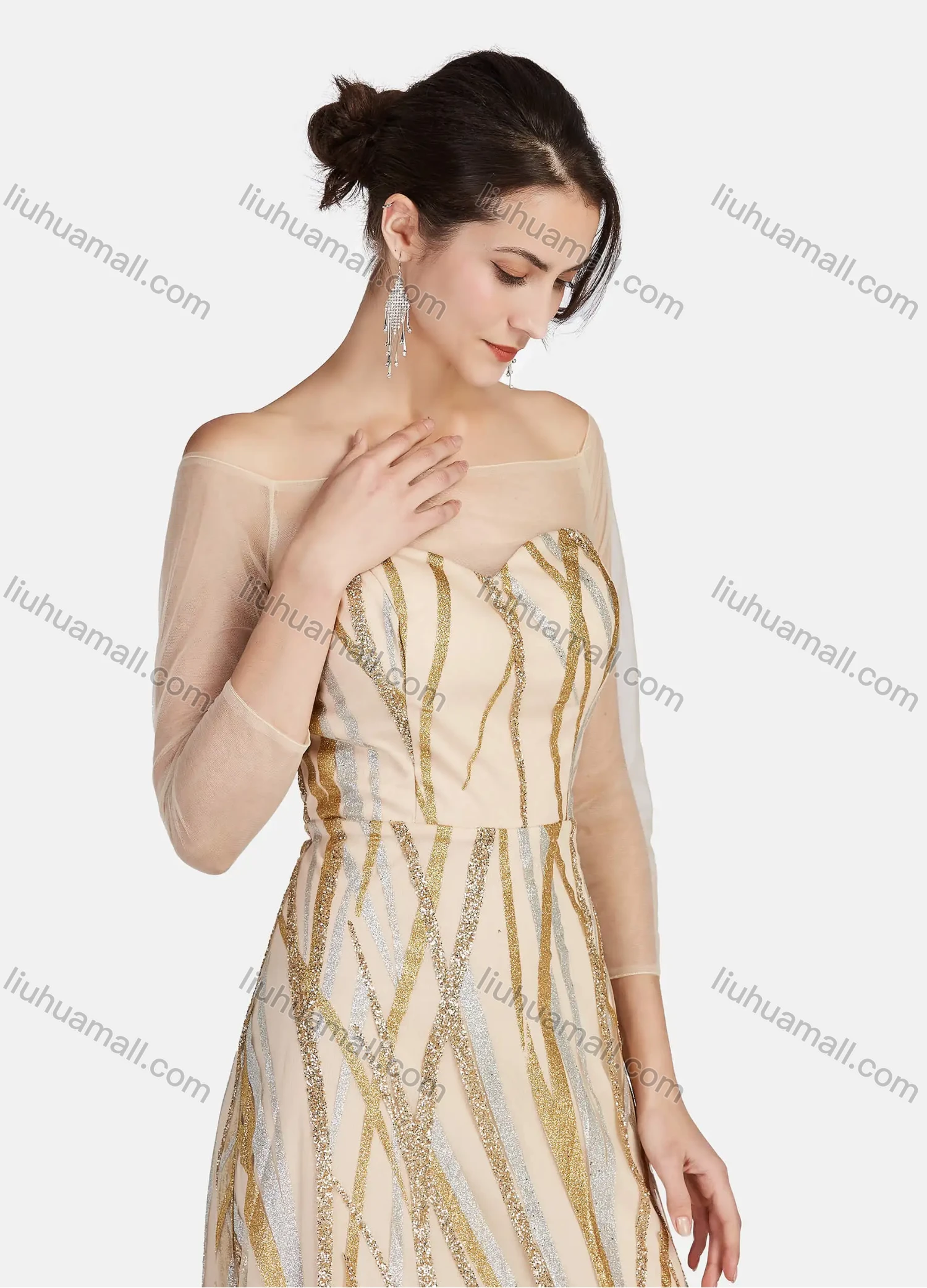 Wholesale Women's Mesh Off Shoulder 3/4 Sleeve Sparkling Ruffle Hem Maxi Cocktail Dress 004# - Liuhuamall