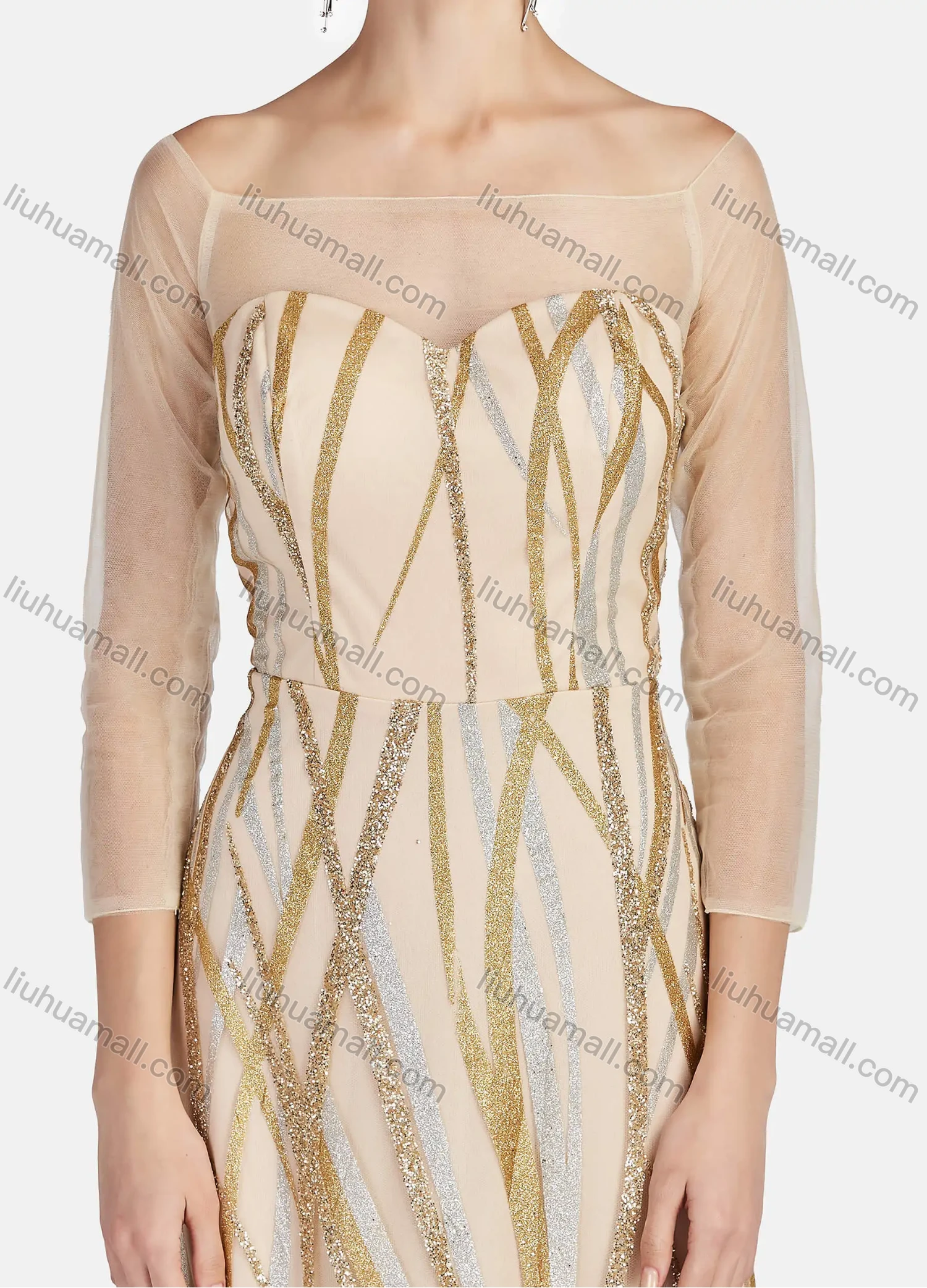 Wholesale Women's Mesh Off Shoulder 3/4 Sleeve Sparkling Ruffle Hem Maxi Cocktail Dress 004# - Liuhuamall