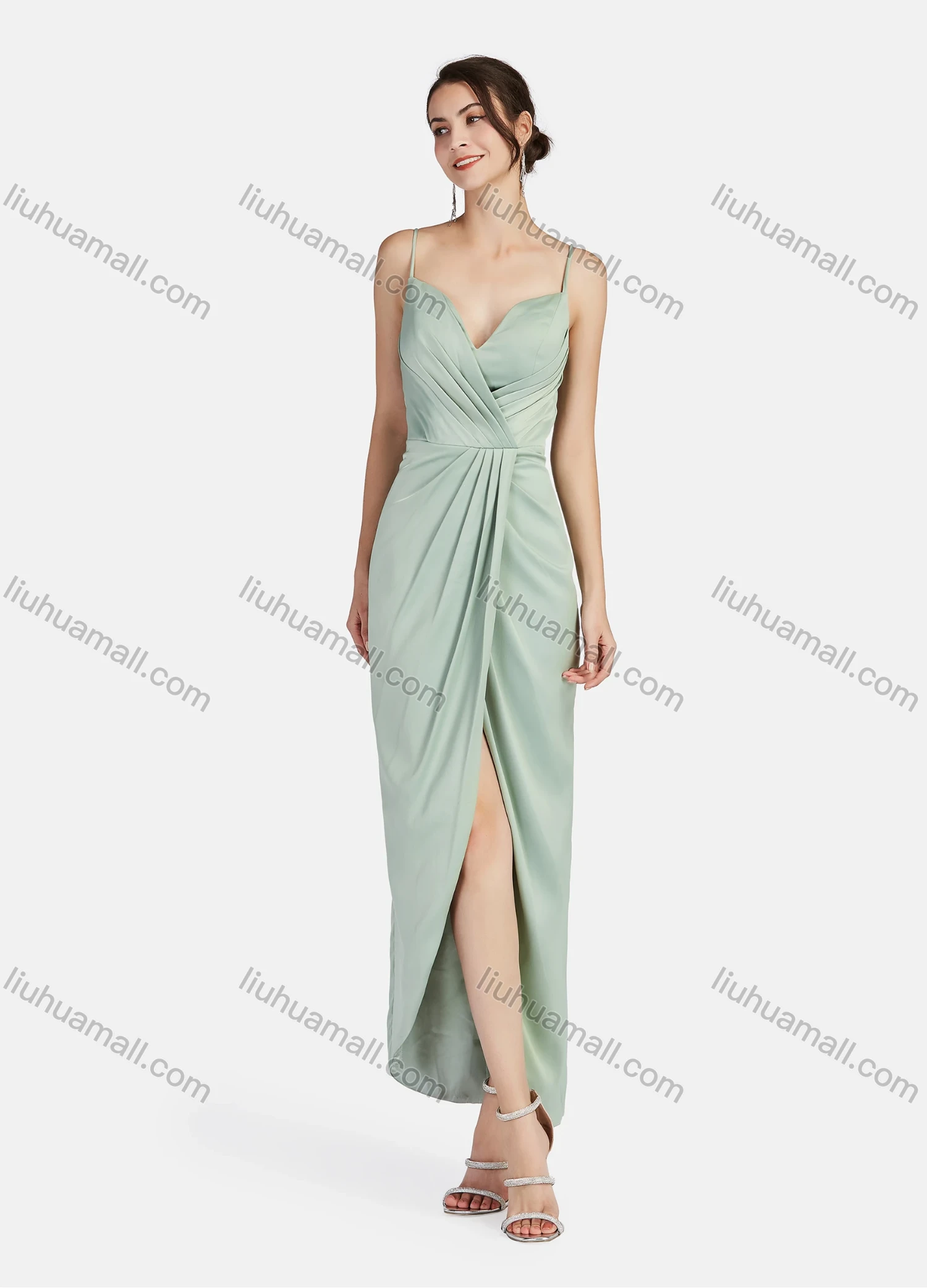 Wholesale Women's Plain Wrap Pleated Wrap Hem Spaghetti Straps Cami Maxi Cocktail Dress 005# - Liuhuamall