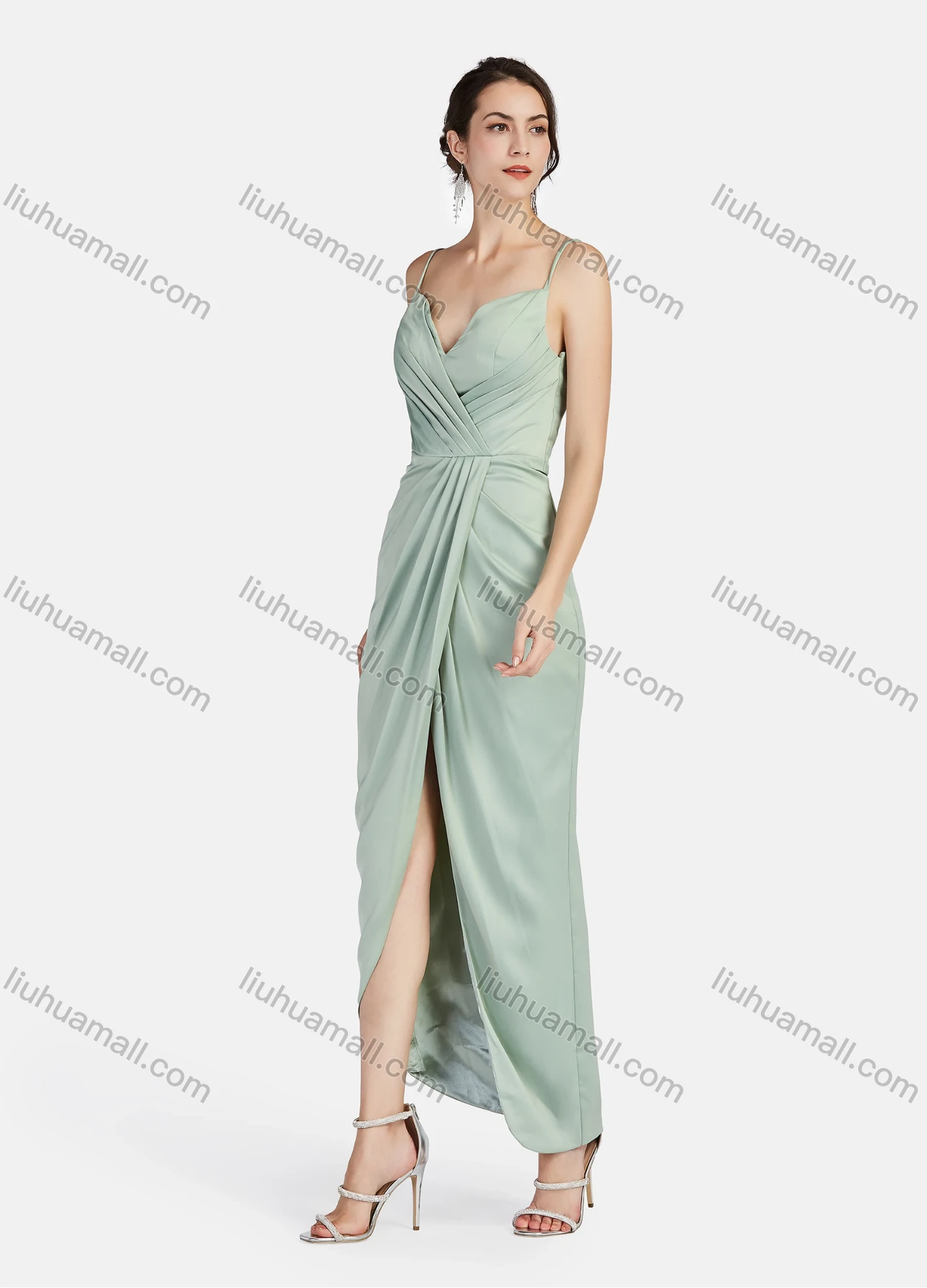 Wholesale Women's Plain Wrap Pleated Wrap Hem Spaghetti Straps Cami Maxi Cocktail Dress 005# - Liuhuamall