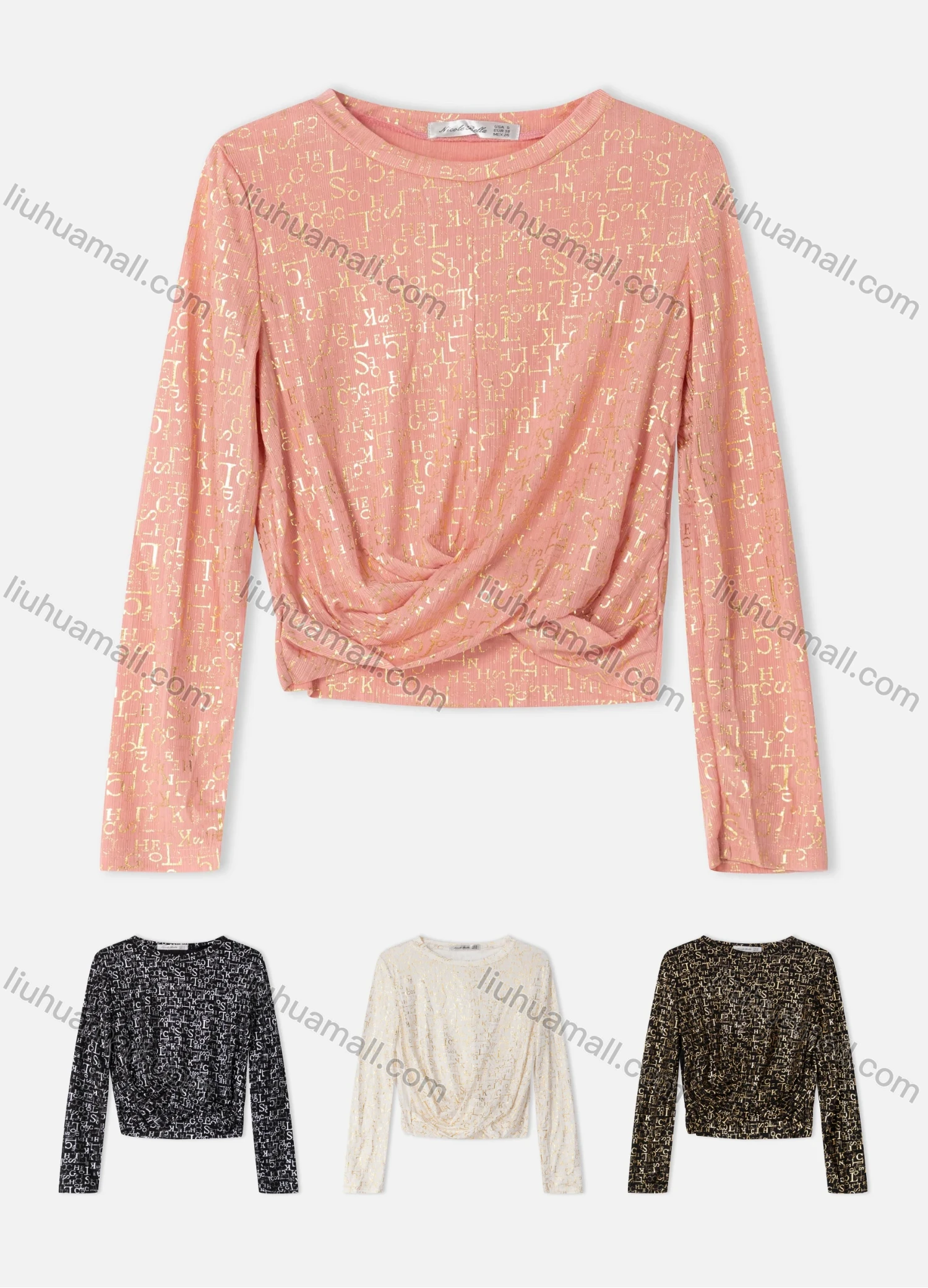 Wholesale Women's Round Neck Long Sleeve Ruched Crop Casual Allover Letter Top - Liuhuamall