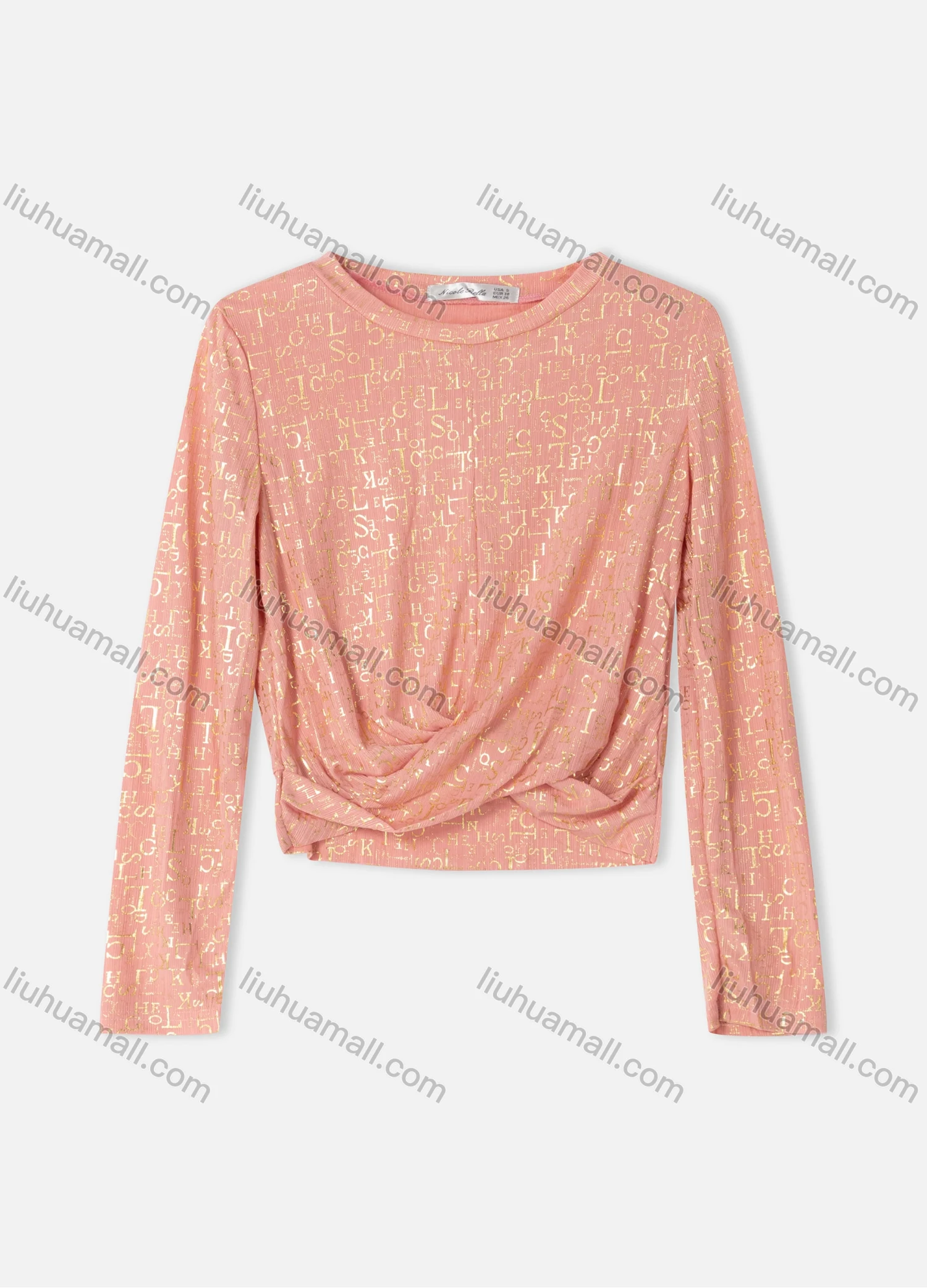 Wholesale Women's Round Neck Long Sleeve Ruched Crop Casual Allover Letter Top - Liuhuamall