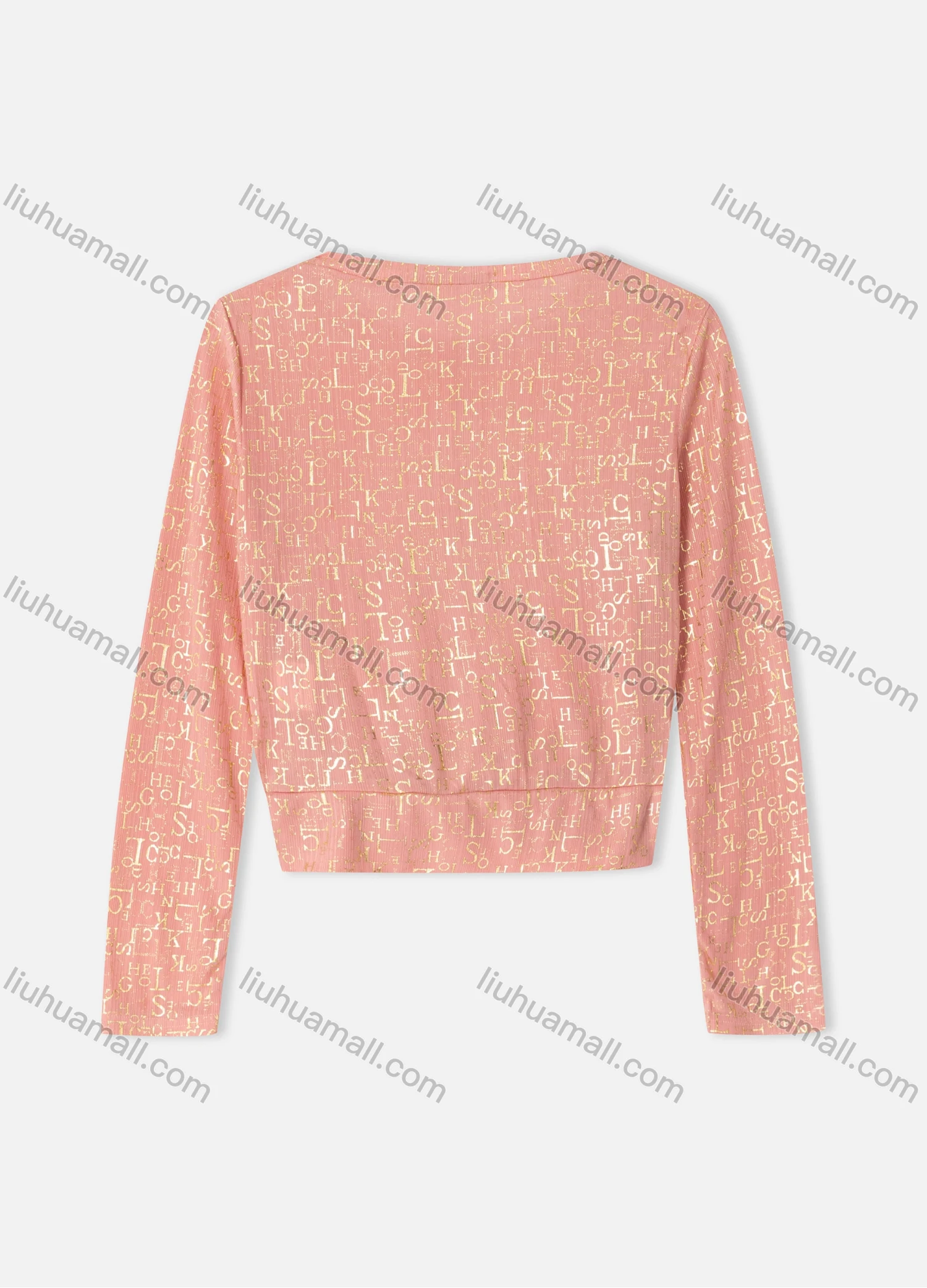 Wholesale Women's Round Neck Long Sleeve Ruched Crop Casual Allover Letter Top - Liuhuamall