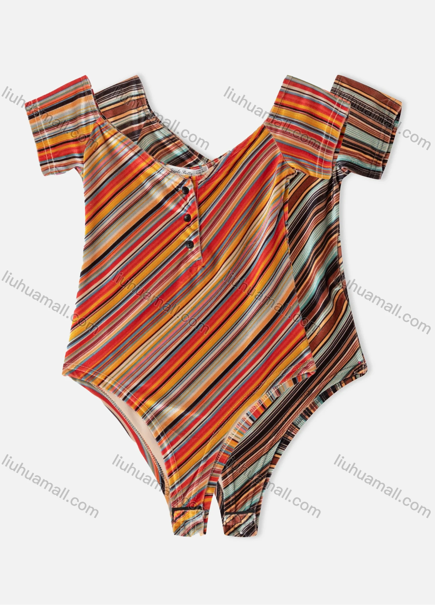 Wholesale Women's Multi-color Stripe Scoop Neck Buckle Short Sleeve Bodysuit - Liuhuamall
