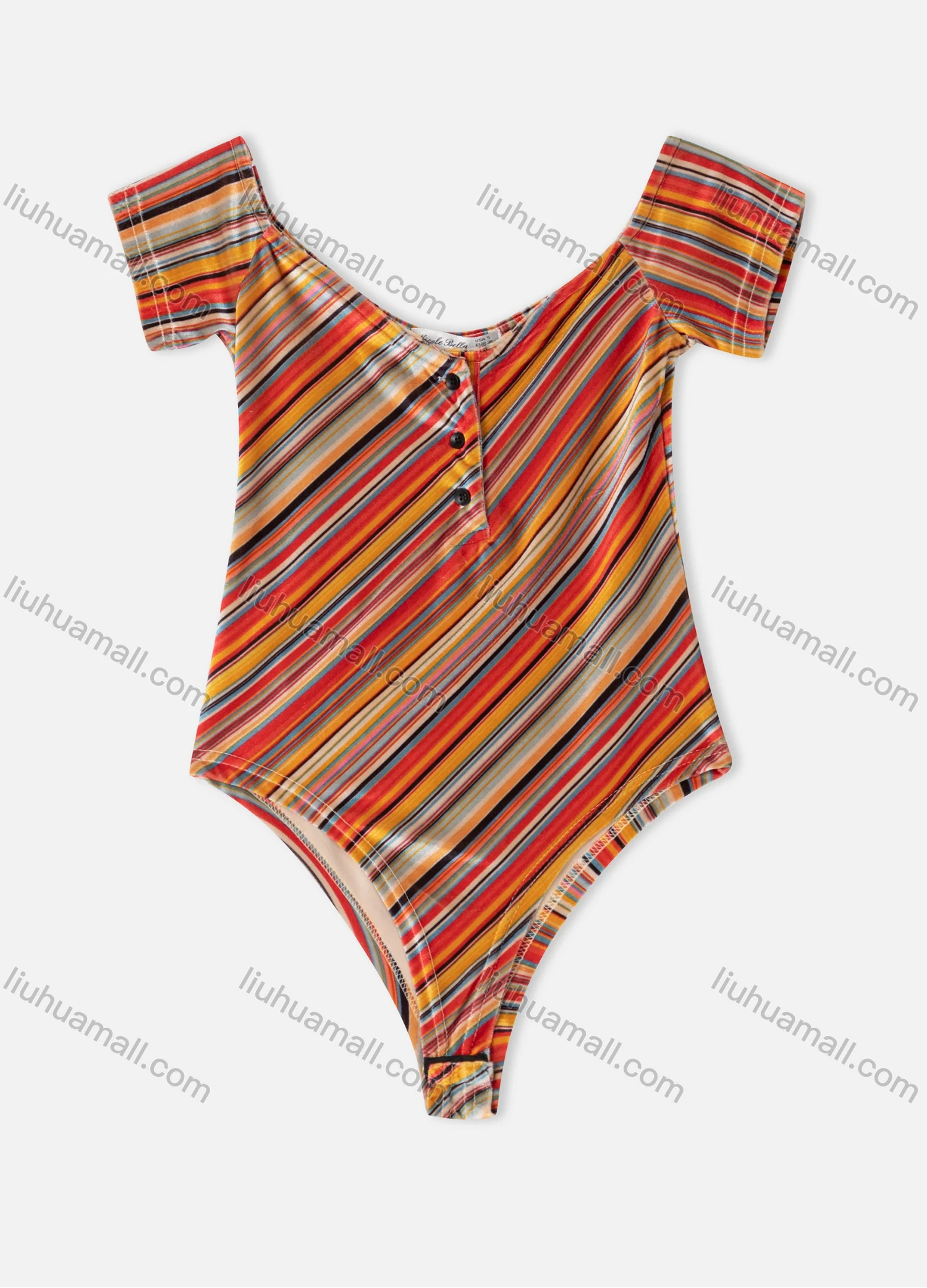 Wholesale Women's Multi-color Stripe Scoop Neck Buckle Short Sleeve Bodysuit - Liuhuamall