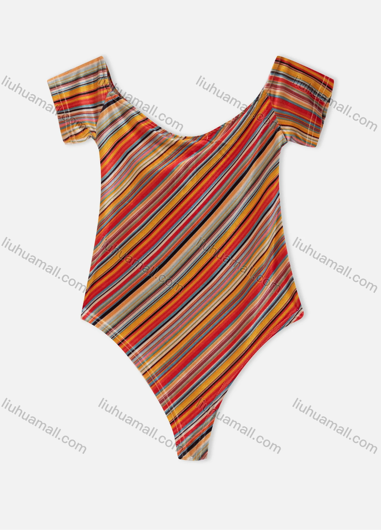Wholesale Women's Multi-color Stripe Scoop Neck Buckle Short Sleeve Bodysuit - Liuhuamall