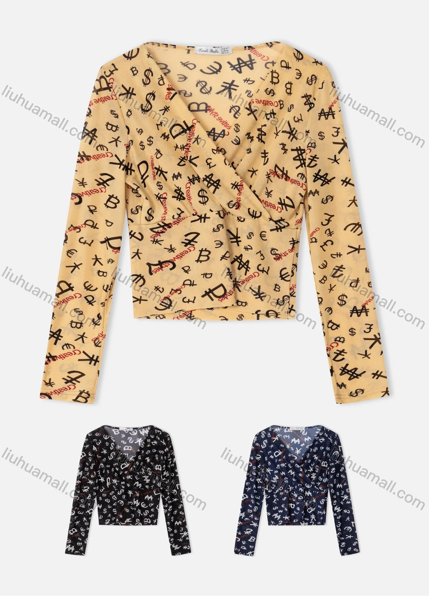 Wholesale Women's V Neck Long Sleeve Crop Casual Allover Letter Wrap Top - Liuhuamall