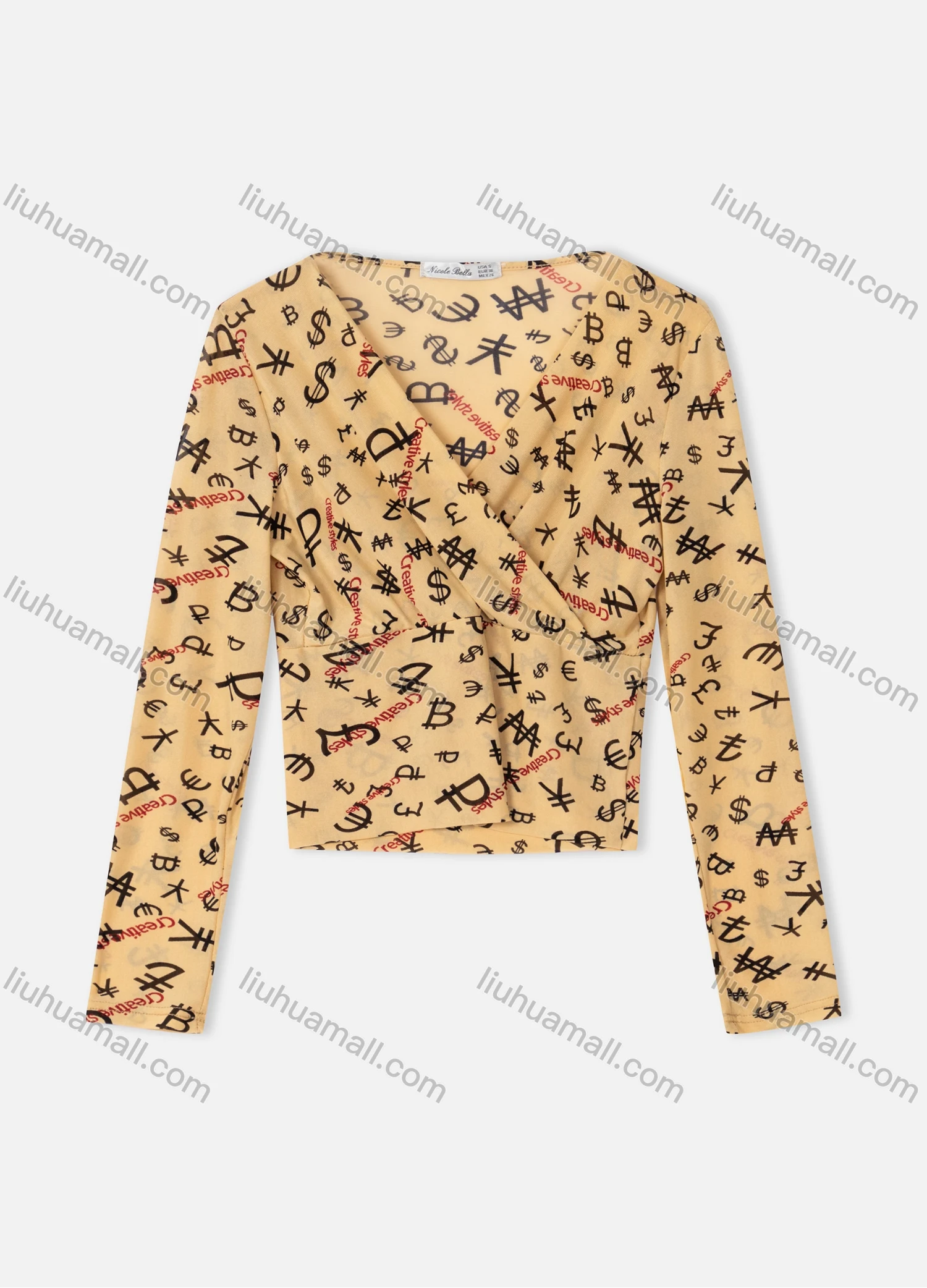 Wholesale Women's V Neck Long Sleeve Crop Casual Allover Letter Wrap Top - Liuhuamall