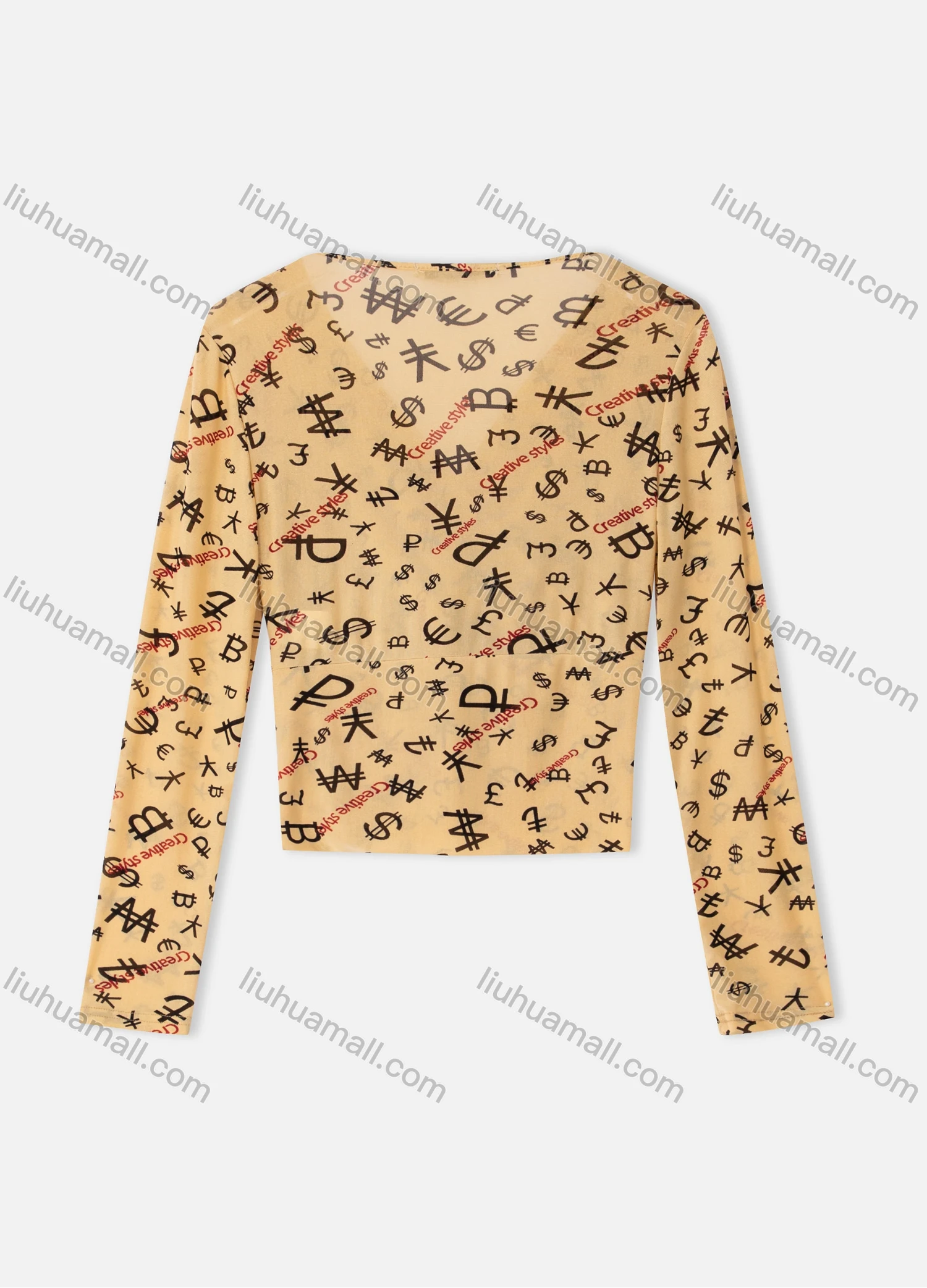 Wholesale Women's V Neck Long Sleeve Crop Casual Allover Letter Wrap Top - Liuhuamall