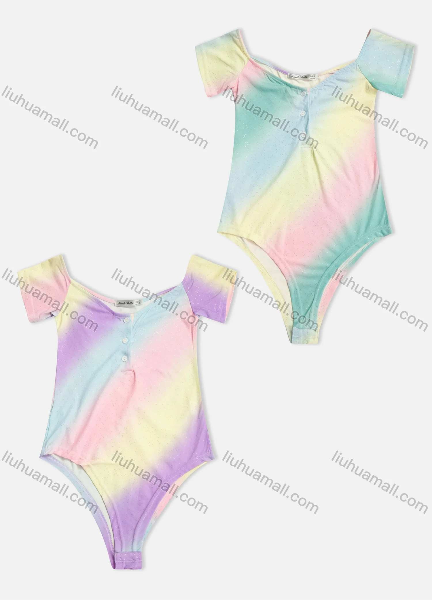 Wholesale Women's Rainbow Ombre Scoop Neck Buckle Short Sleeve Bodysuit - Liuhuamall