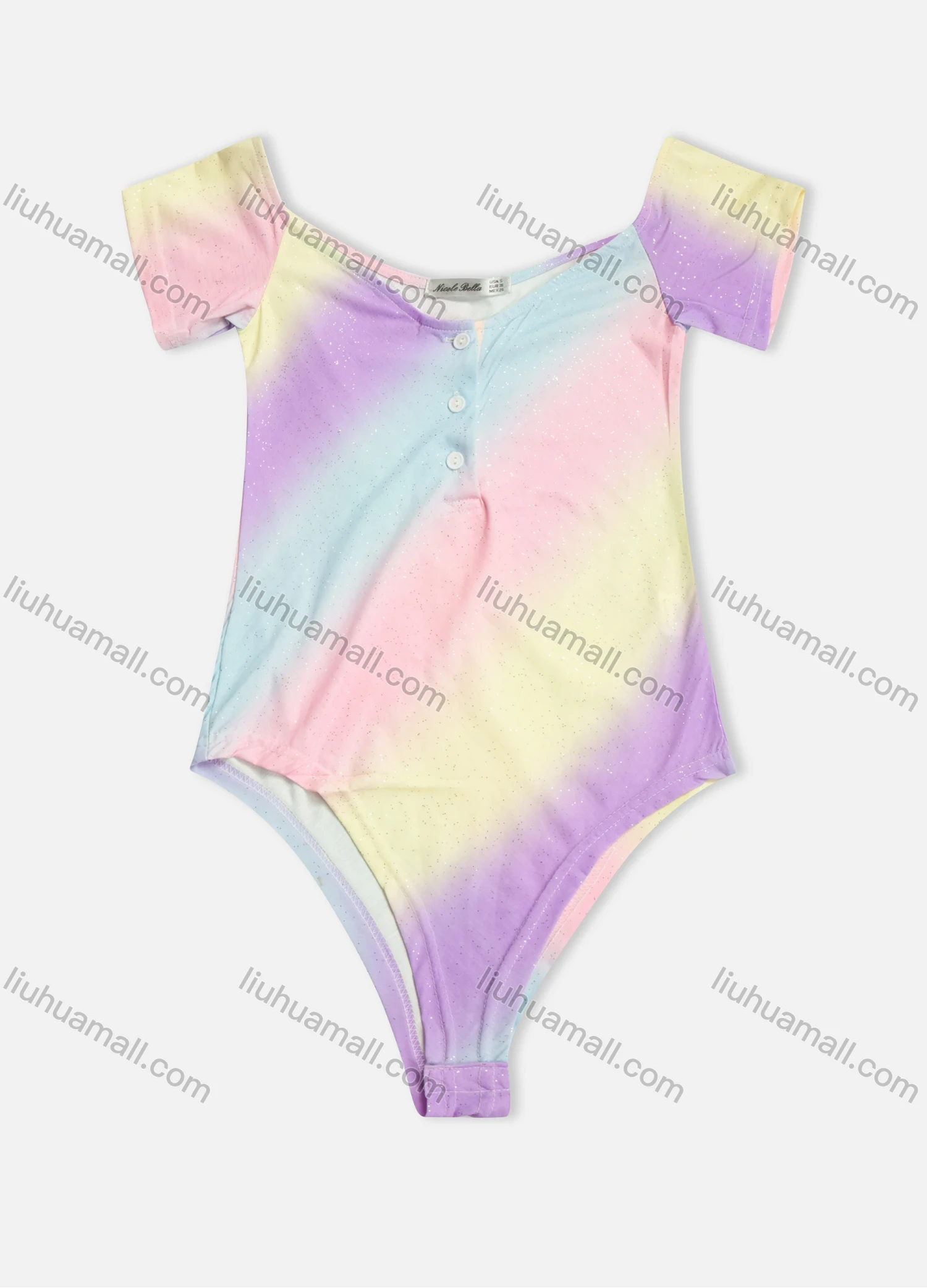Wholesale Women's Rainbow Ombre Scoop Neck Buckle Short Sleeve Bodysuit - Liuhuamall