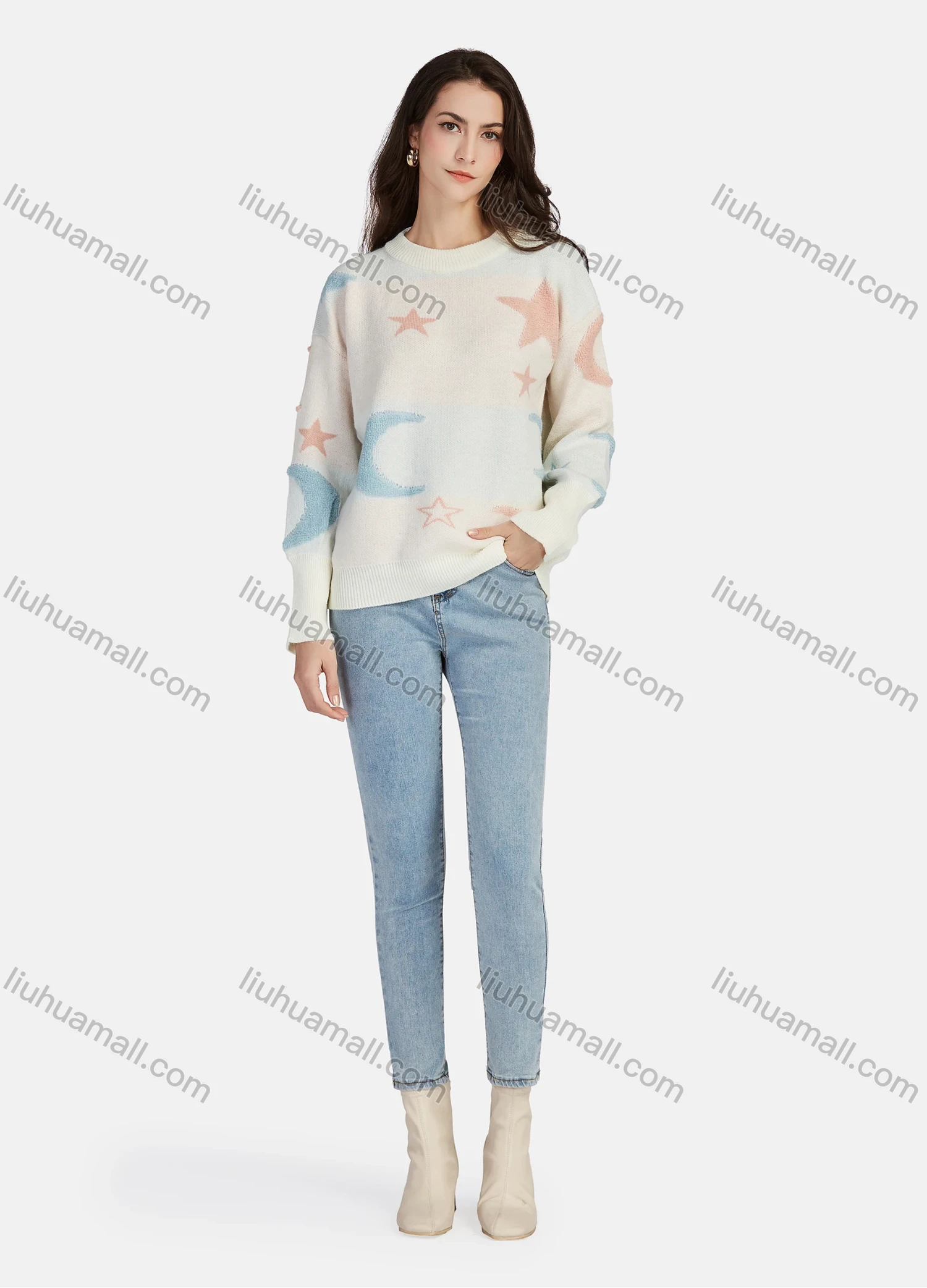 Wholesale Women's Casual Knit Round Neck Long Sleeve Sweater Tops 02# - Liuhuamall