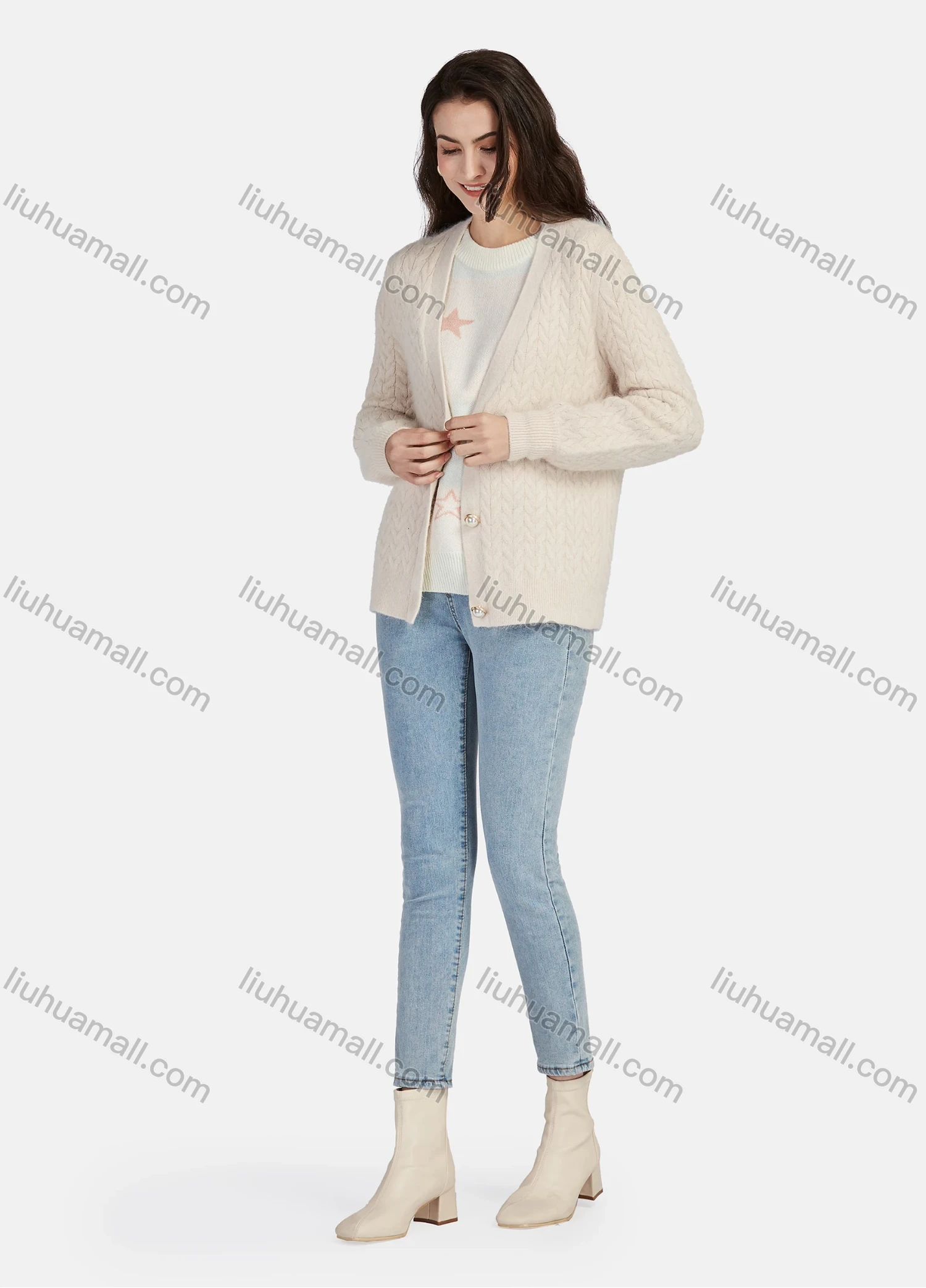 Wholesale Women's Casual Cable Knit Pearl Buttons Down Long Sleeve Knit Cardigan 01# - Liuhuamall
