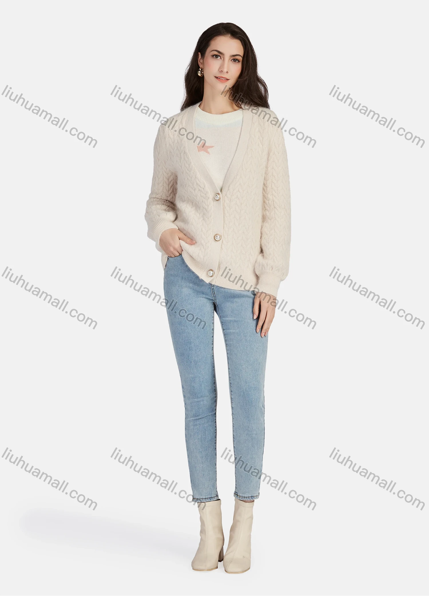 Wholesale Women's Casual Cable Knit Pearl Buttons Down Long Sleeve Knit Cardigan 01# - Liuhuamall