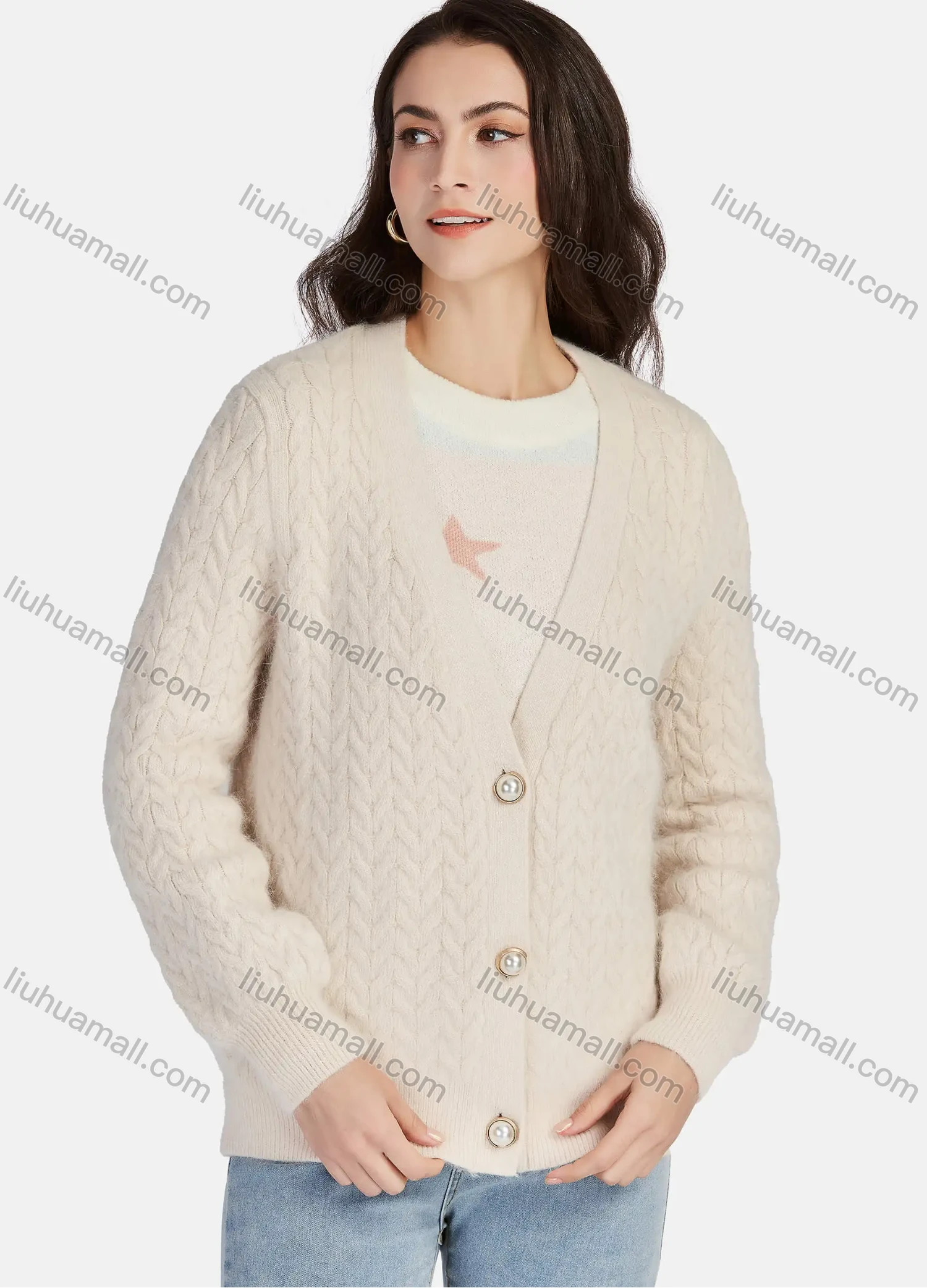 Wholesale Women's Casual Cable Knit Pearl Buttons Down Long Sleeve Knit Cardigan 01# - Liuhuamall