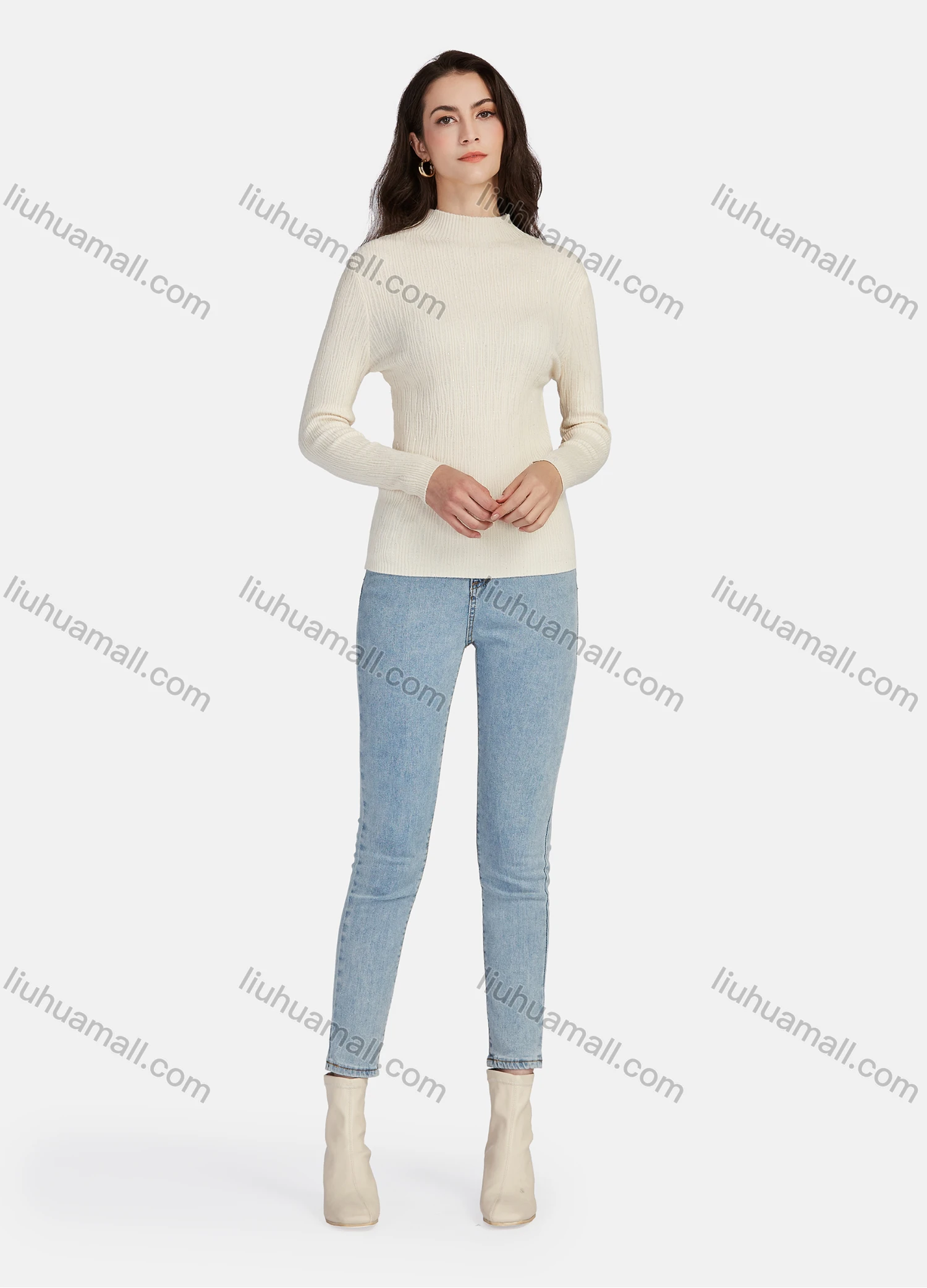 Wholesale Women's Casual Plain Ribbed Knit Mock Neck Long Sleeve Sweater Tops 04# - Liuhuamall