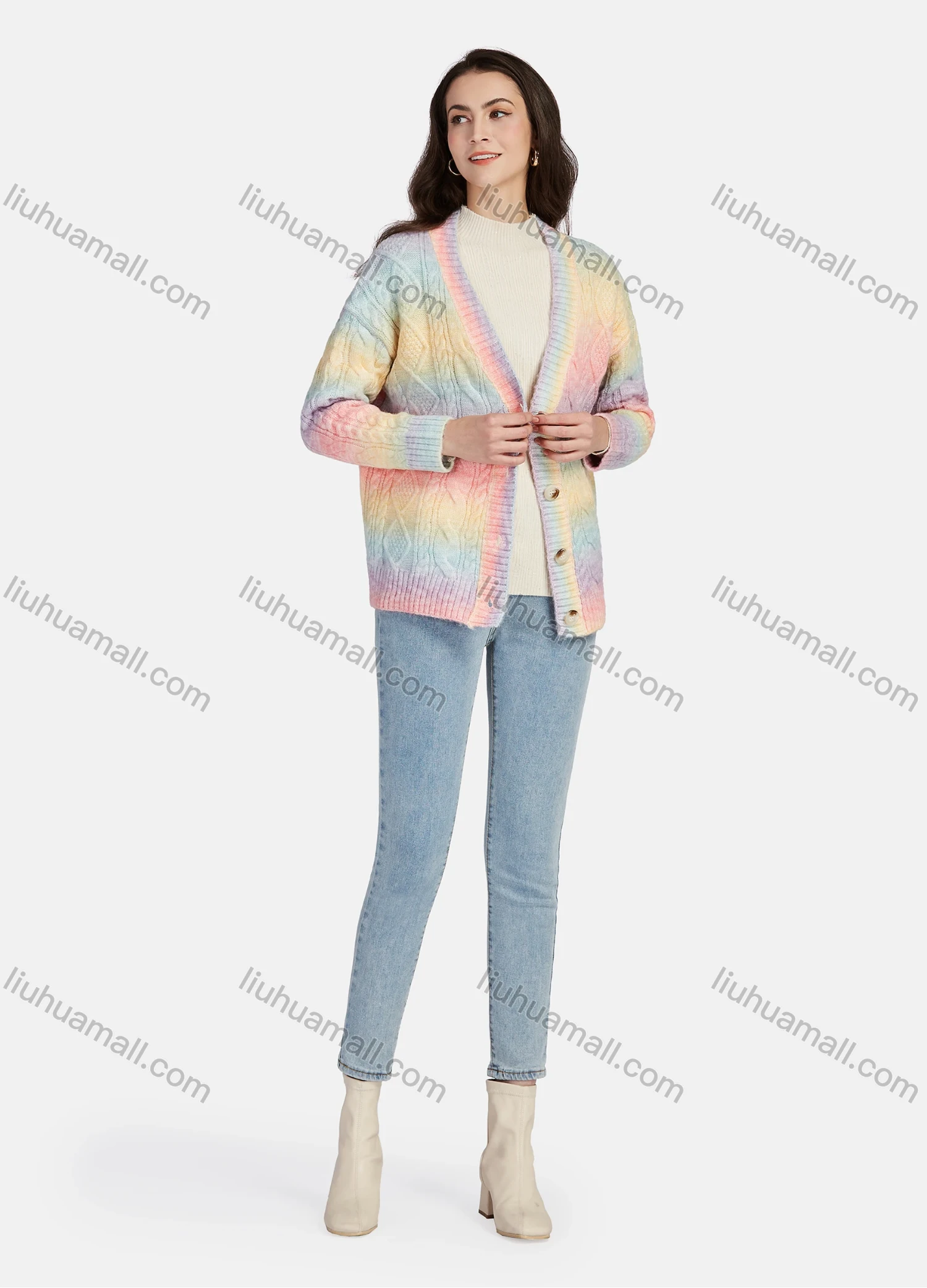 Wholesale Women's Casual Colorblock Cable Knit Buttons Down Long Sleeve Knit Cardigan 03# - Liuhuamall