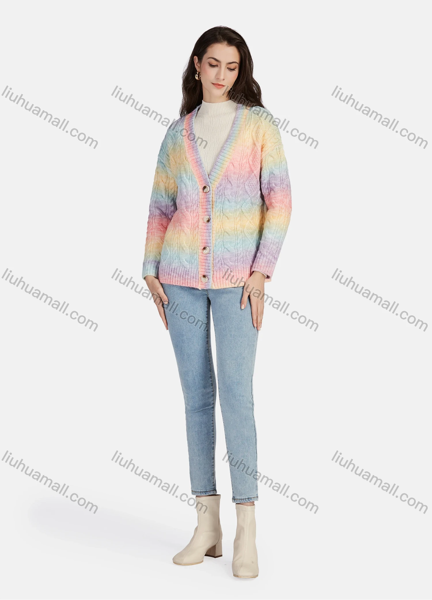 Wholesale Women's Casual Colorblock Cable Knit Buttons Down Long Sleeve Knit Cardigan 03# - Liuhuamall