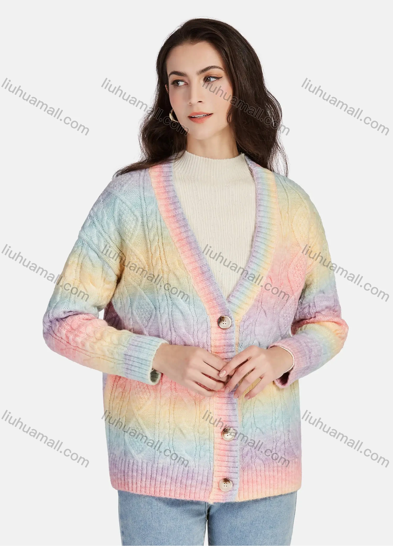Wholesale Women's Casual Colorblock Cable Knit Buttons Down Long Sleeve Knit Cardigan 03# - Liuhuamall