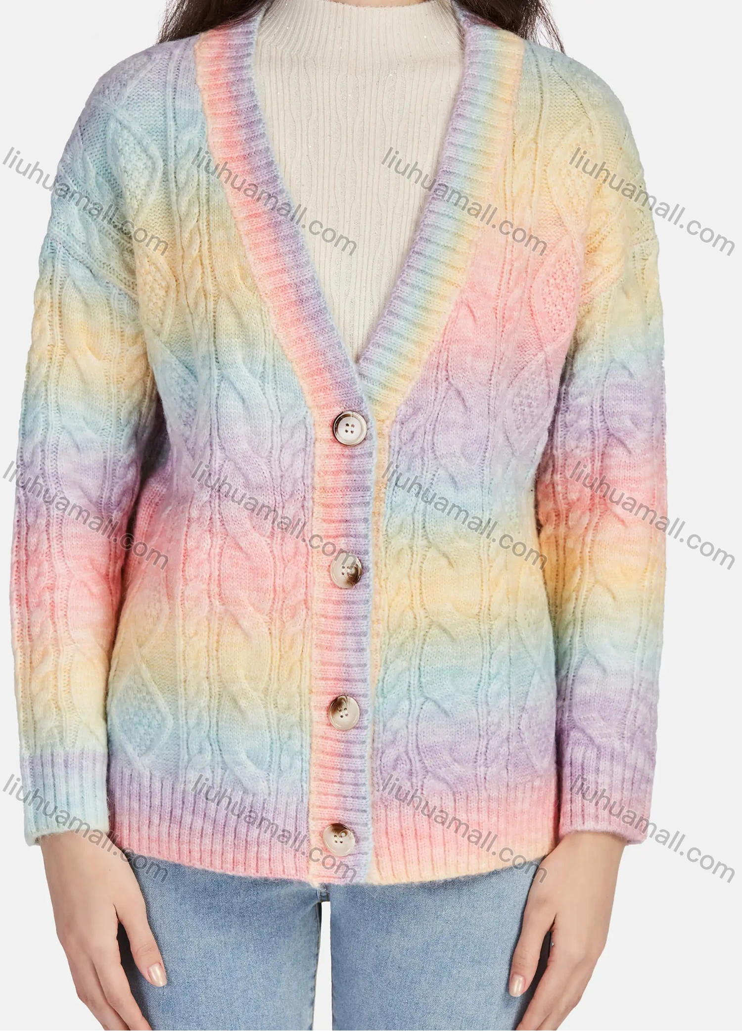 Wholesale Women's Casual Colorblock Cable Knit Buttons Down Long Sleeve Knit Cardigan 03# - Liuhuamall