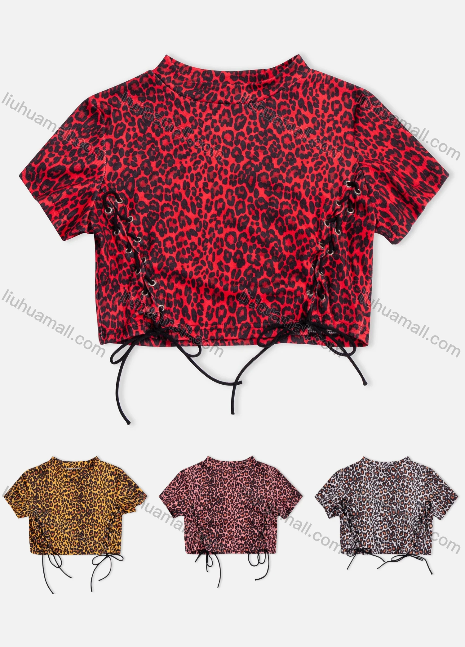 Wholesale Women's Leopard Print Fashion Lace Up Mock Neck Short Sleeve Crop Top - Liuhuamall