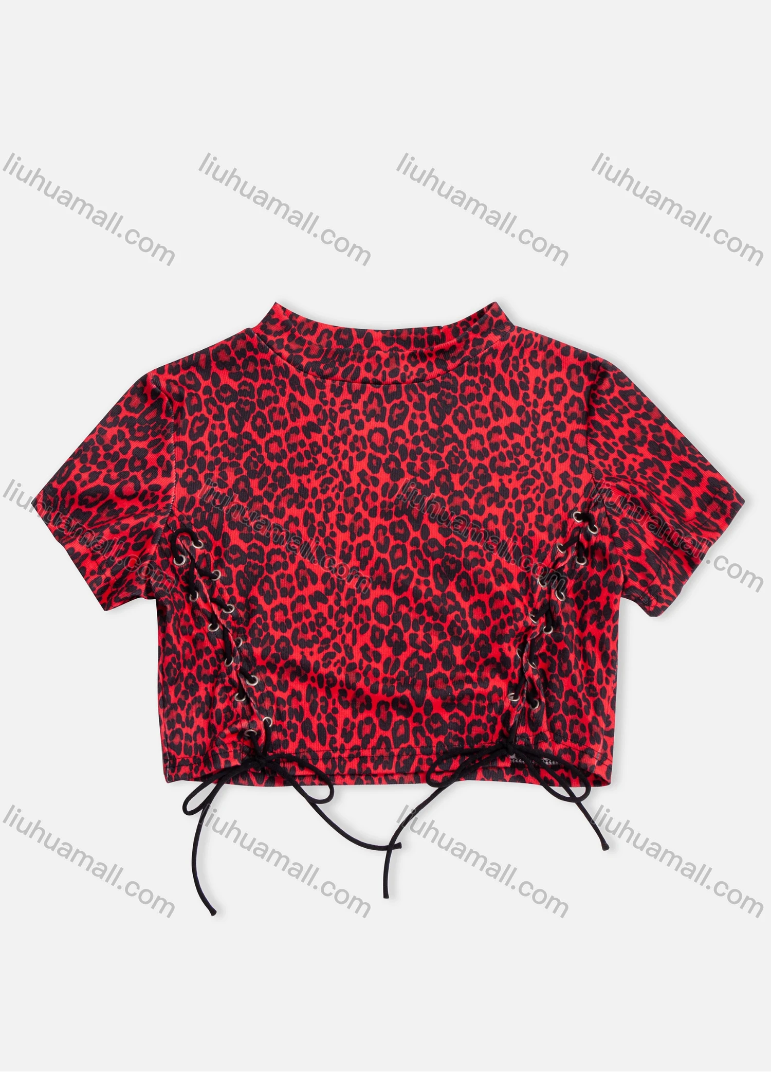 Wholesale Women's Leopard Print Fashion Lace Up Mock Neck Short Sleeve Crop Top - Liuhuamall