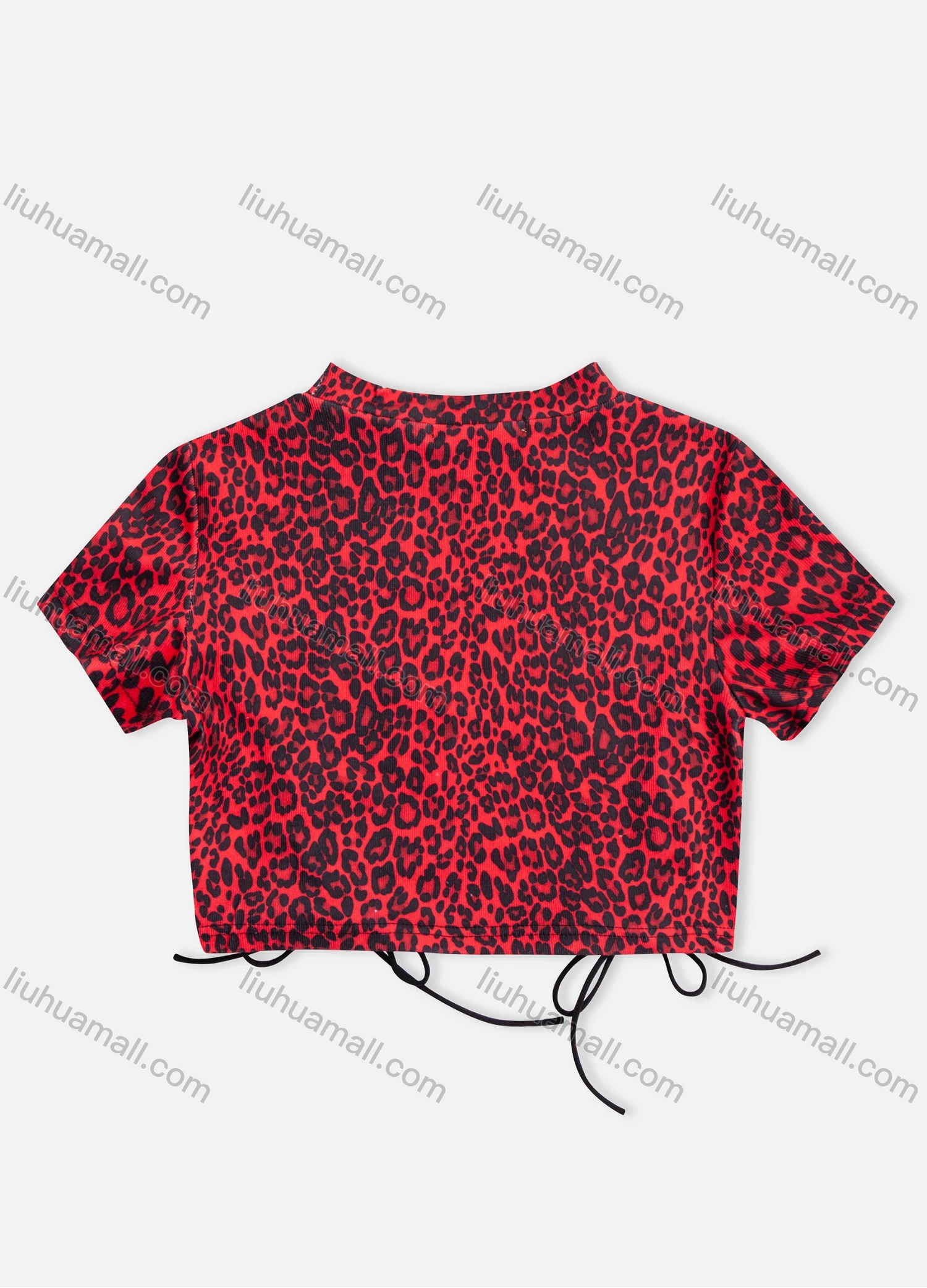 Wholesale Women's Leopard Print Fashion Lace Up Mock Neck Short Sleeve Crop Top - Liuhuamall
