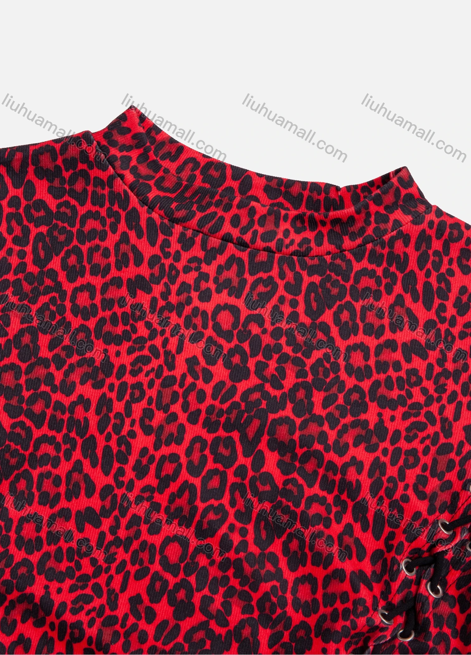 Wholesale Women's Leopard Print Fashion Lace Up Mock Neck Short Sleeve Crop Top - Liuhuamall