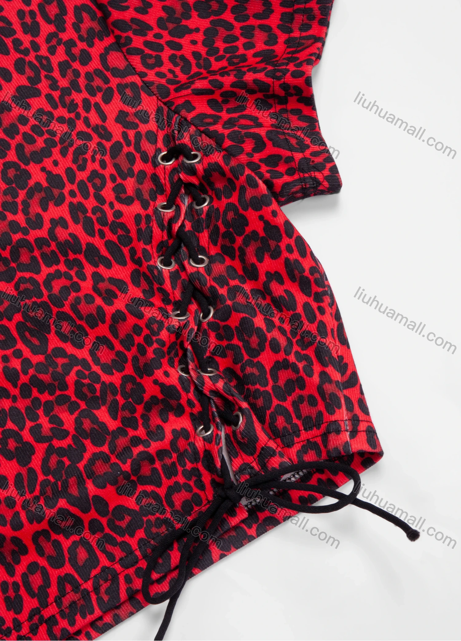 Wholesale Women's Leopard Print Fashion Lace Up Mock Neck Short Sleeve Crop Top - Liuhuamall