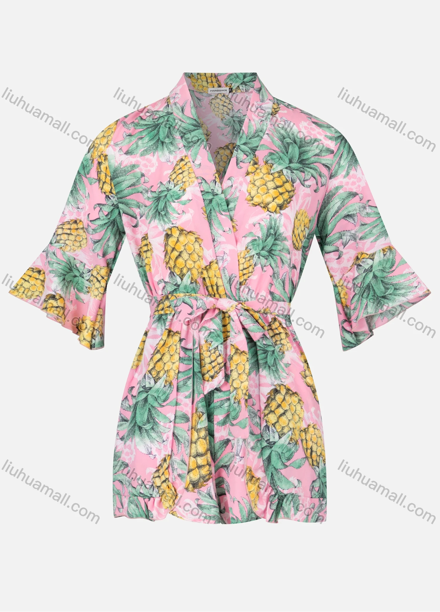 Wholesale Women's Warp Bell Sleeve Tropical Pineapple Print Vacation Romper With Belt - Liuhuamall